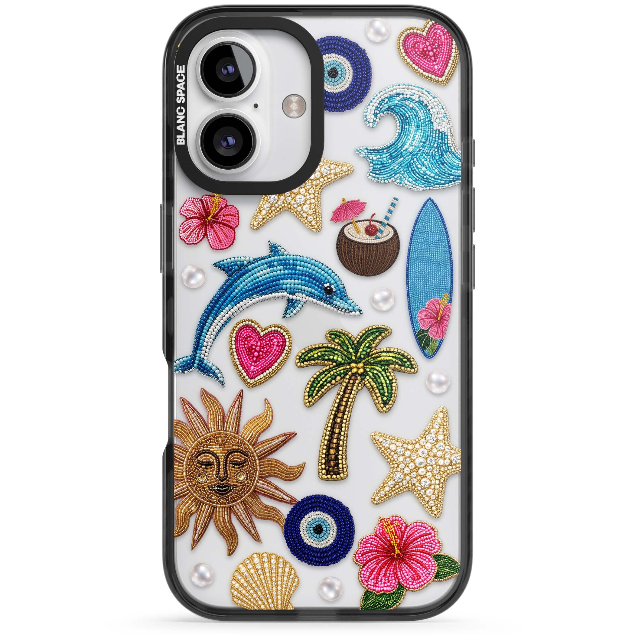 Beaded Beach coastal summer iPhone case featuring embroidered evil eye, hibiscus flowers, dolphin and palm tree patches | Black Impact case for iPhone 16, iPhone 16 Plus