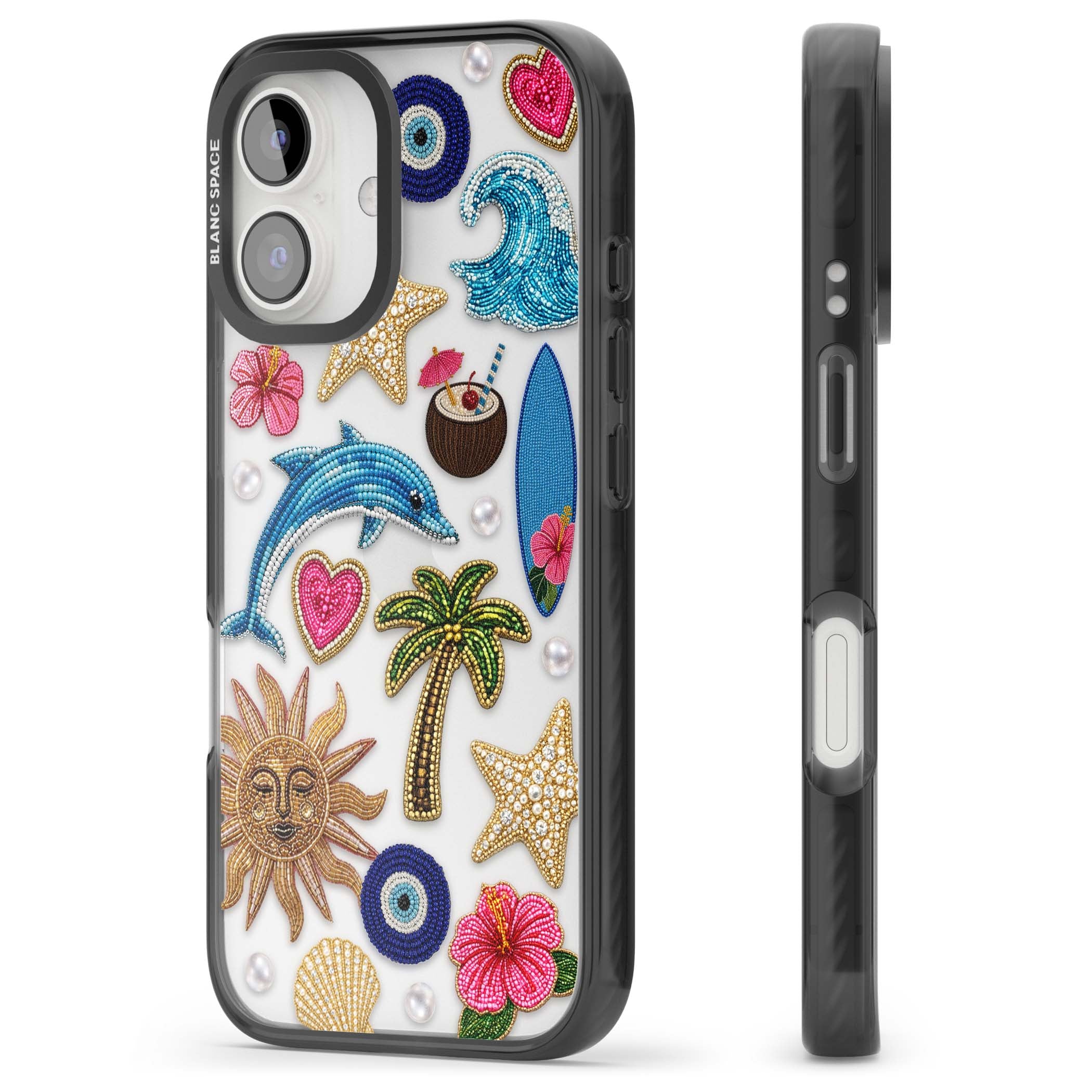 Beaded Beach coastal summer iPhone case featuring embroidered evil eye, hibiscus flowers, dolphin and palm tree patches | Black Impact case for iPhone 16, iPhone 16 Plus