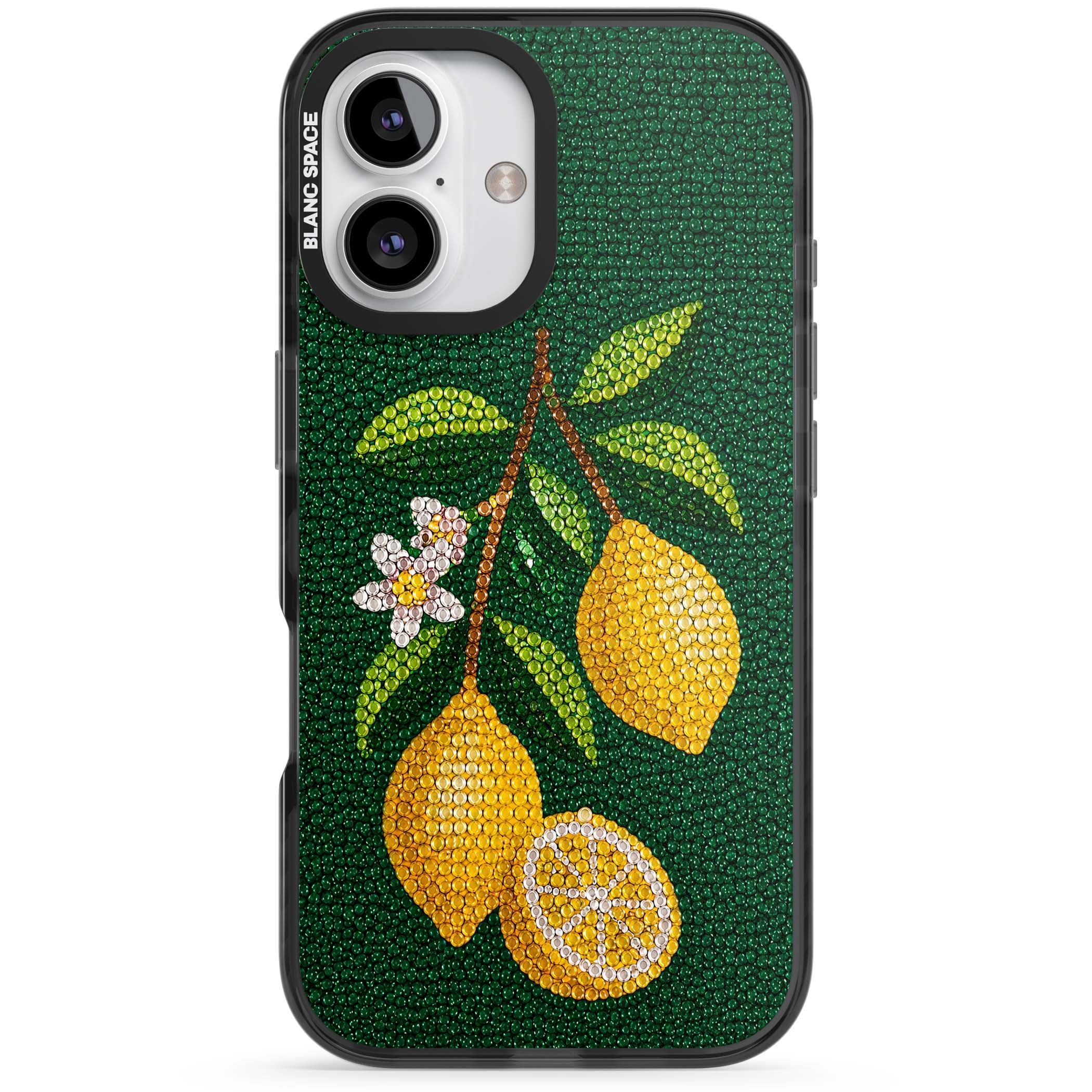 Beaded Lemons coastal iPhone case featuring crystal-beaded lemons, citrus blossom and green leaves on emerald ground | Black Impact case for iPhone 16, iPhone 16 Plus