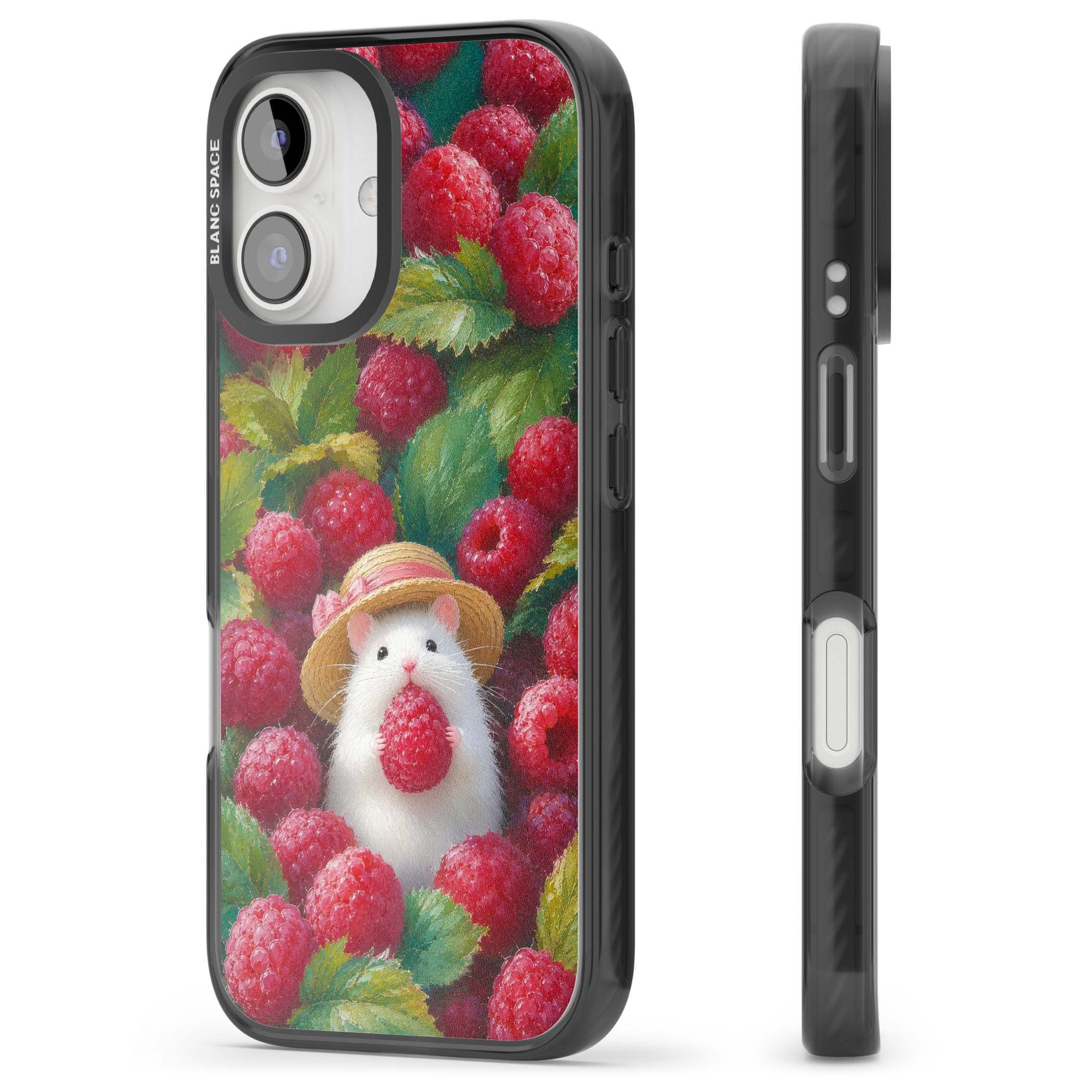Berry Forager cottagecore iPhone case featuring a white hamster in a straw hat holding a raspberry surrounded by ripe ber | Black Impact case for iPhone 16, iPhone 16 Plus
