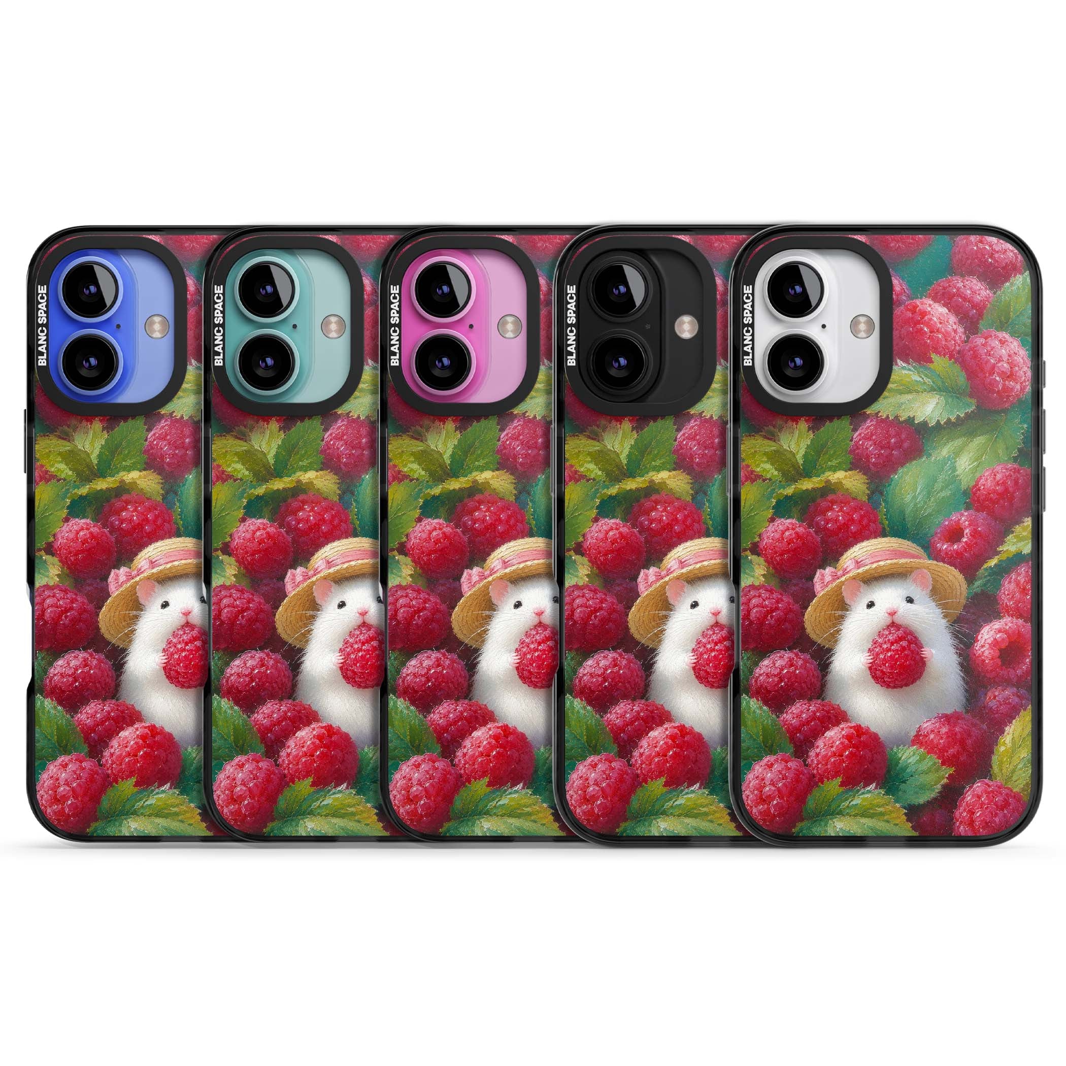 Berry Forager cottagecore iPhone case featuring a white hamster in a straw hat holding a raspberry surrounded by ripe ber | Black Impact case for iPhone 16, iPhone 16 Plus