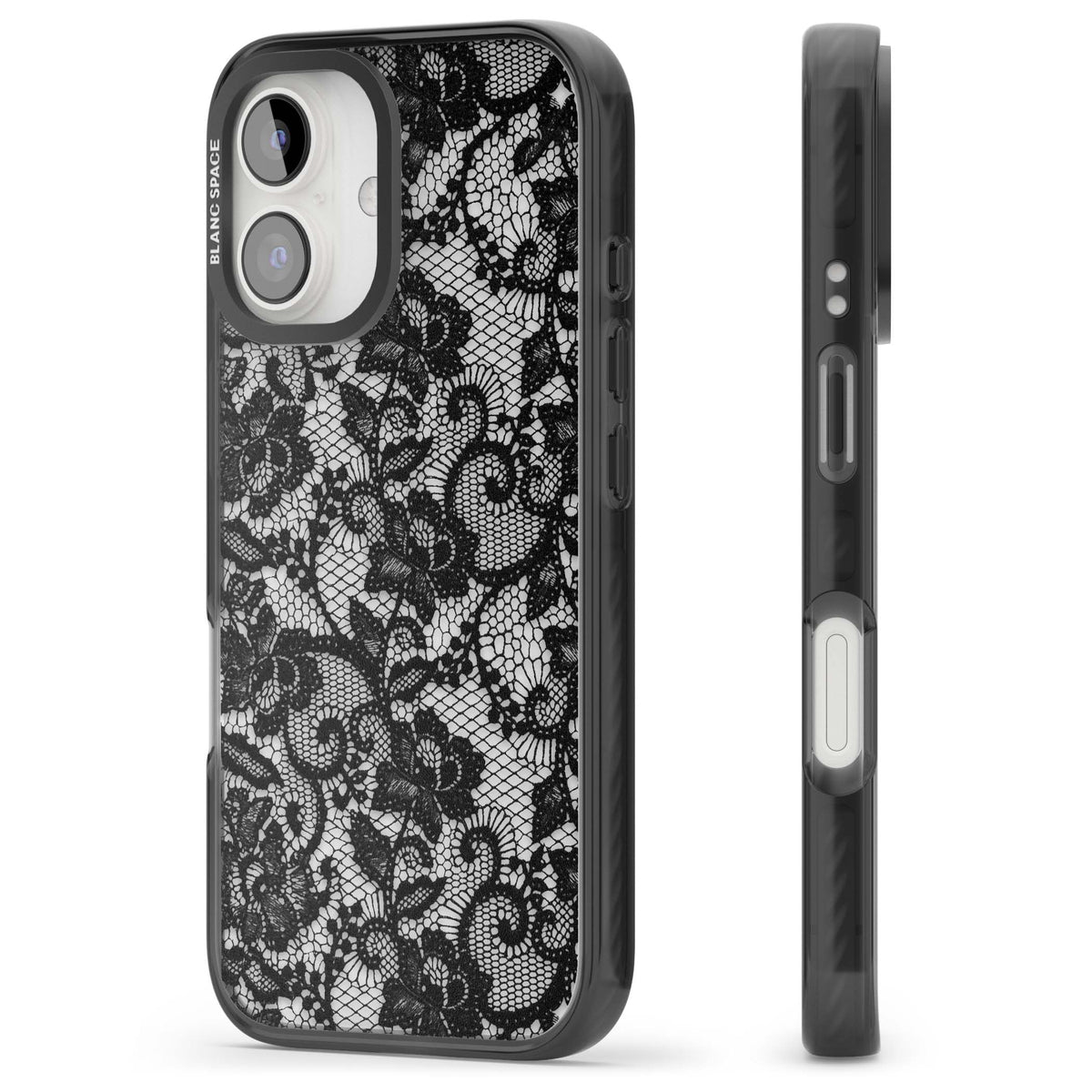 Black Lace gothic iPhone case featuring intricate black floral lace pattern with vintage whimsigoth detail | Black Impact case for iPhone 16, iPhone 16 Plus