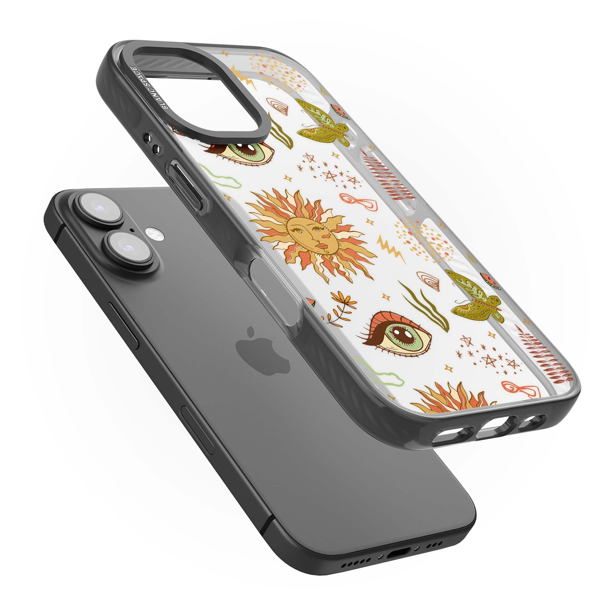 Elevate Your Phone'S Style With This Boho Celestial Sun & Eye Phone Case, Featuring A Mystical Blend Of Suns, All-Seeing Eyes, Butterflies, Stars, And