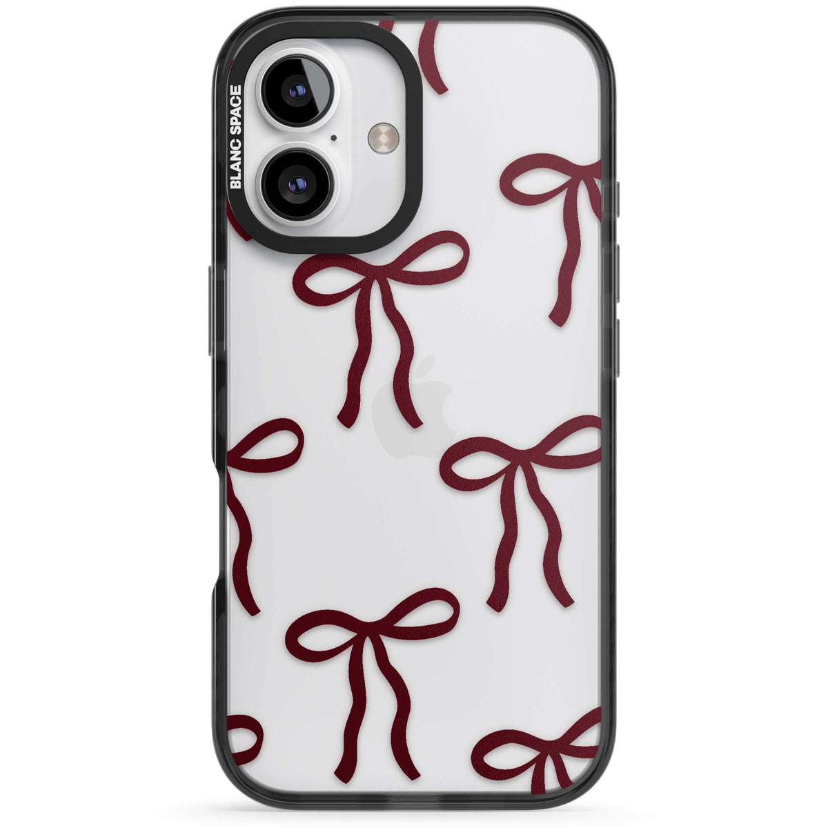 Burgundy Bows coquette iPhone case featuring hand-drawn burgundy red bows on a clear background | Black Impact case for iPhone 16, iPhone 16 Plus