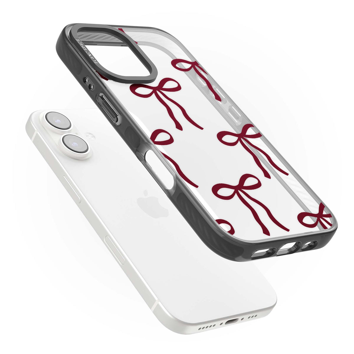 Burgundy Bows coquette iPhone case featuring hand-drawn burgundy red bows on a clear background | Black Impact case for iPhone 16, iPhone 16 Plus