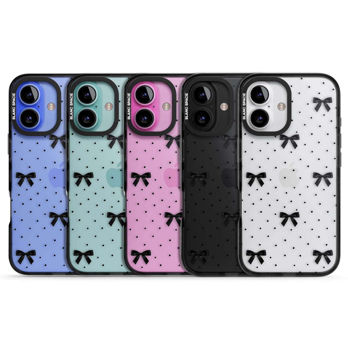 Black Polka Bows coquette iPhone case featuring scattered black satin bows and tiny polka dots on a clear base | Black Impact case for iPhone 16, iPhone 16 Plus