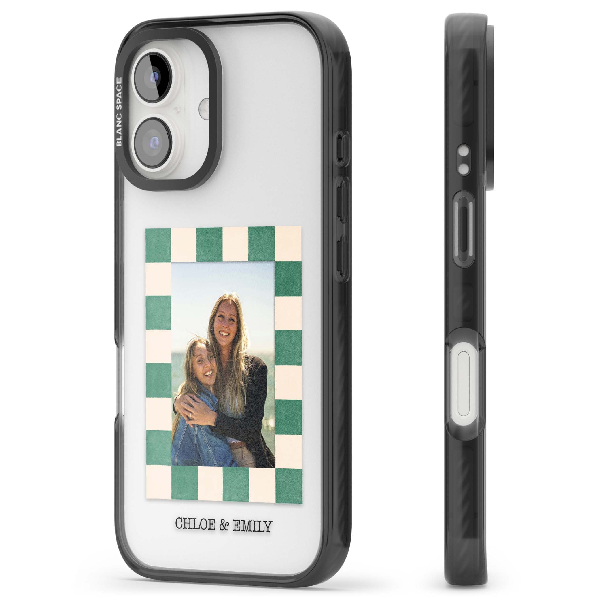 Seafoam Check Photo personalised iPhone case featuring a custom polaroid photo, green and cream checkered frame, and custom n | Black Impact case for iPhone 16, iPhone 16 Plus
