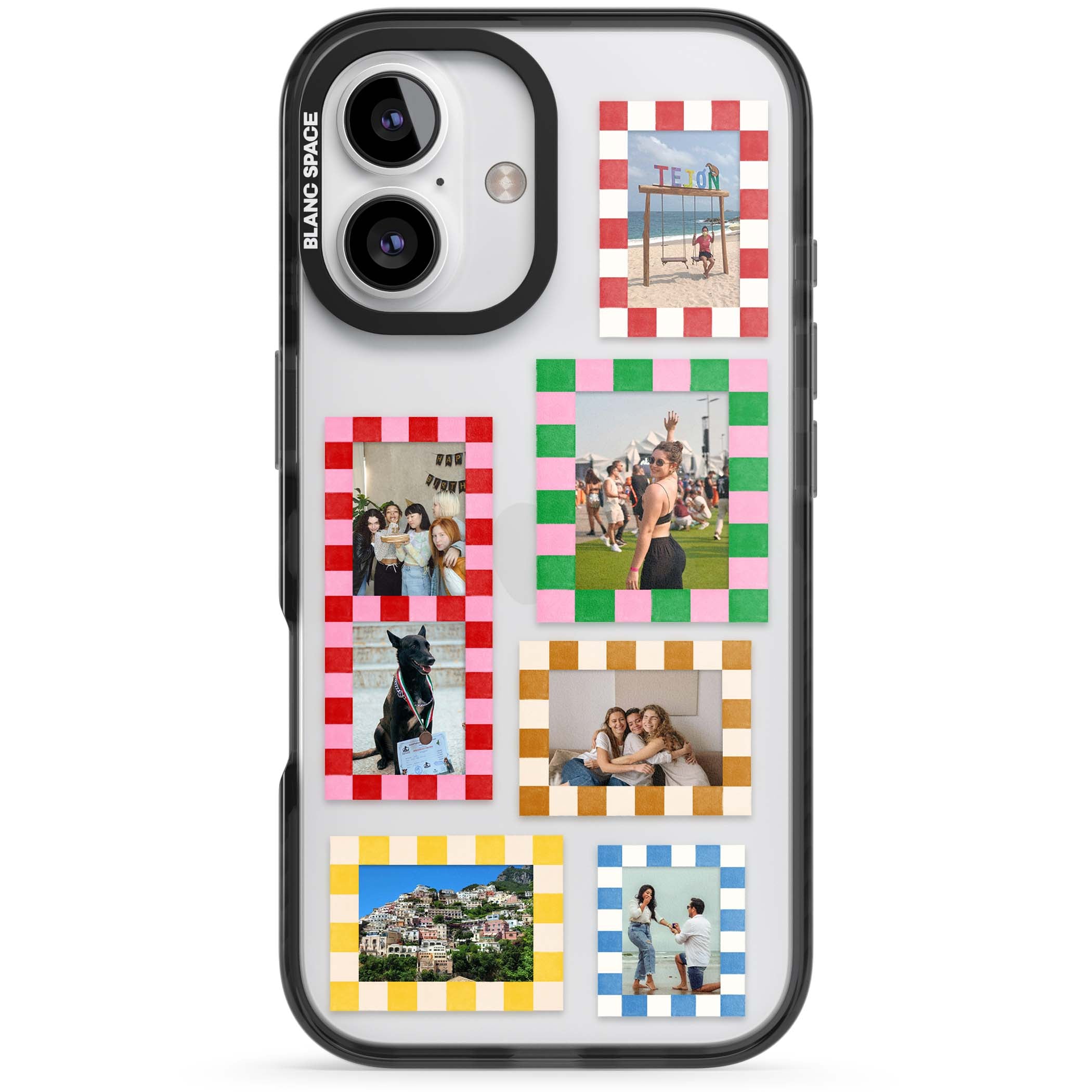 Italian Check Frames custom photo collage iPhone case featuring six checkered photo frames in red, green, pink and  | Black Impact case for iPhone 16, iPhone 16 Plus
