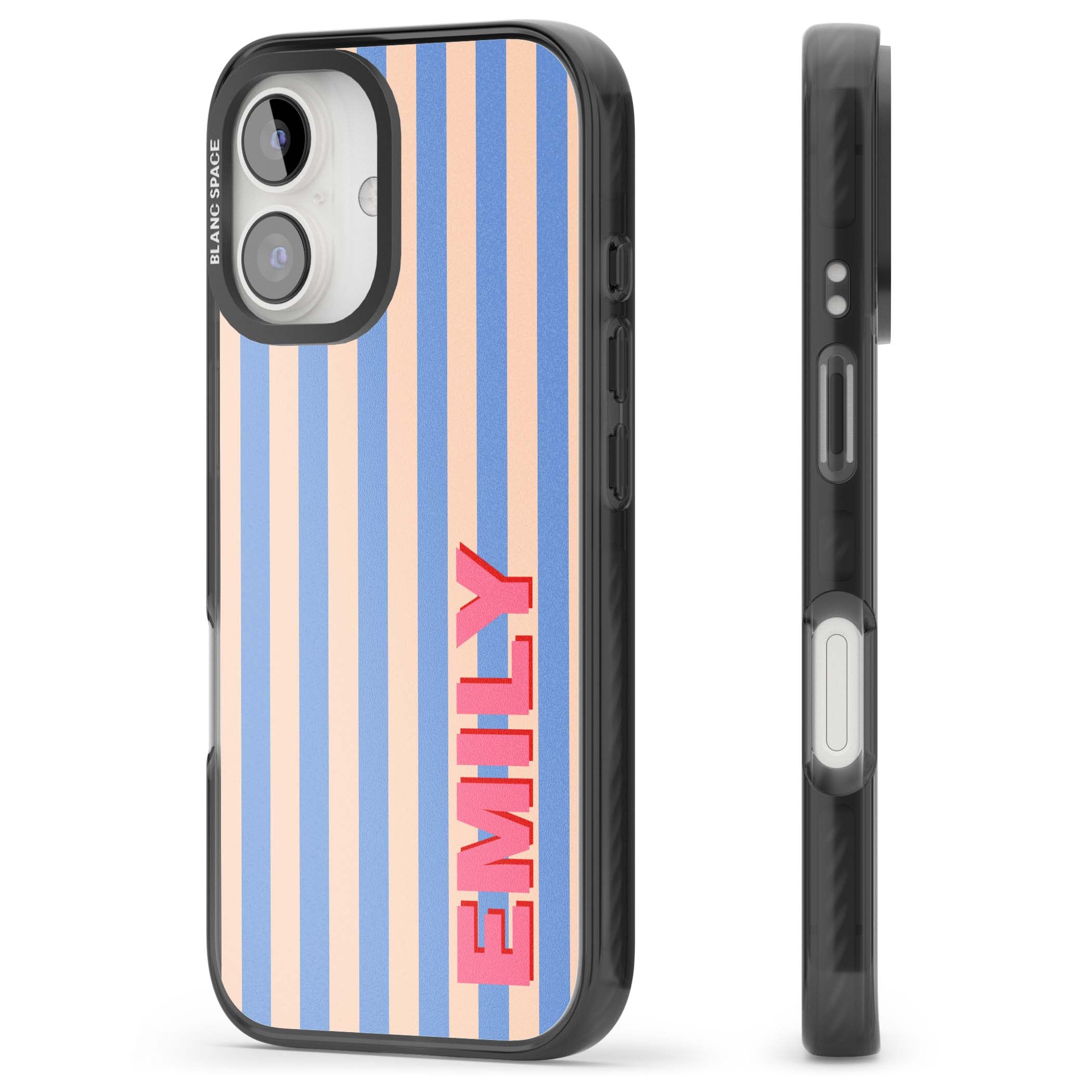 Coastal Stripe personalised coastal iPhone case with blue and peach vertical stripes and custom pink name | Black Impact case for iPhone 16, iPhone 16 Plus