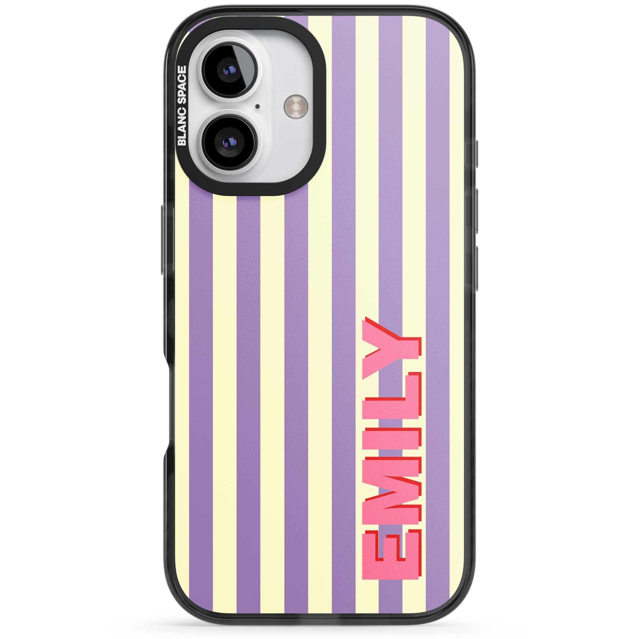 Valensole Stripe personalised iPhone case with purple and cream vertical stripes and pink custom name | Black Impact case for iPhone 16, iPhone 16 Plus
