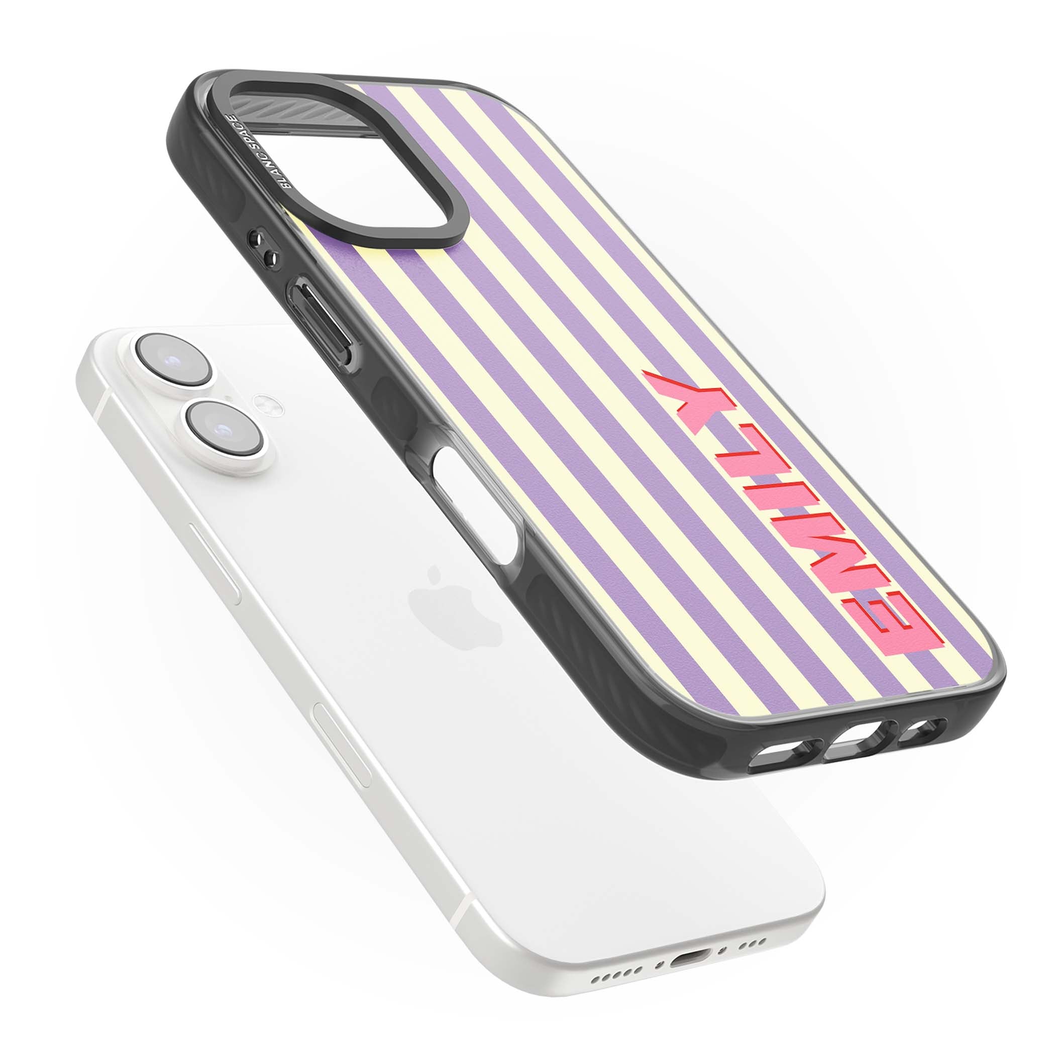 Valensole Stripe personalised iPhone case with purple and cream vertical stripes and pink custom name | Black Impact case for iPhone 16, iPhone 16 Plus