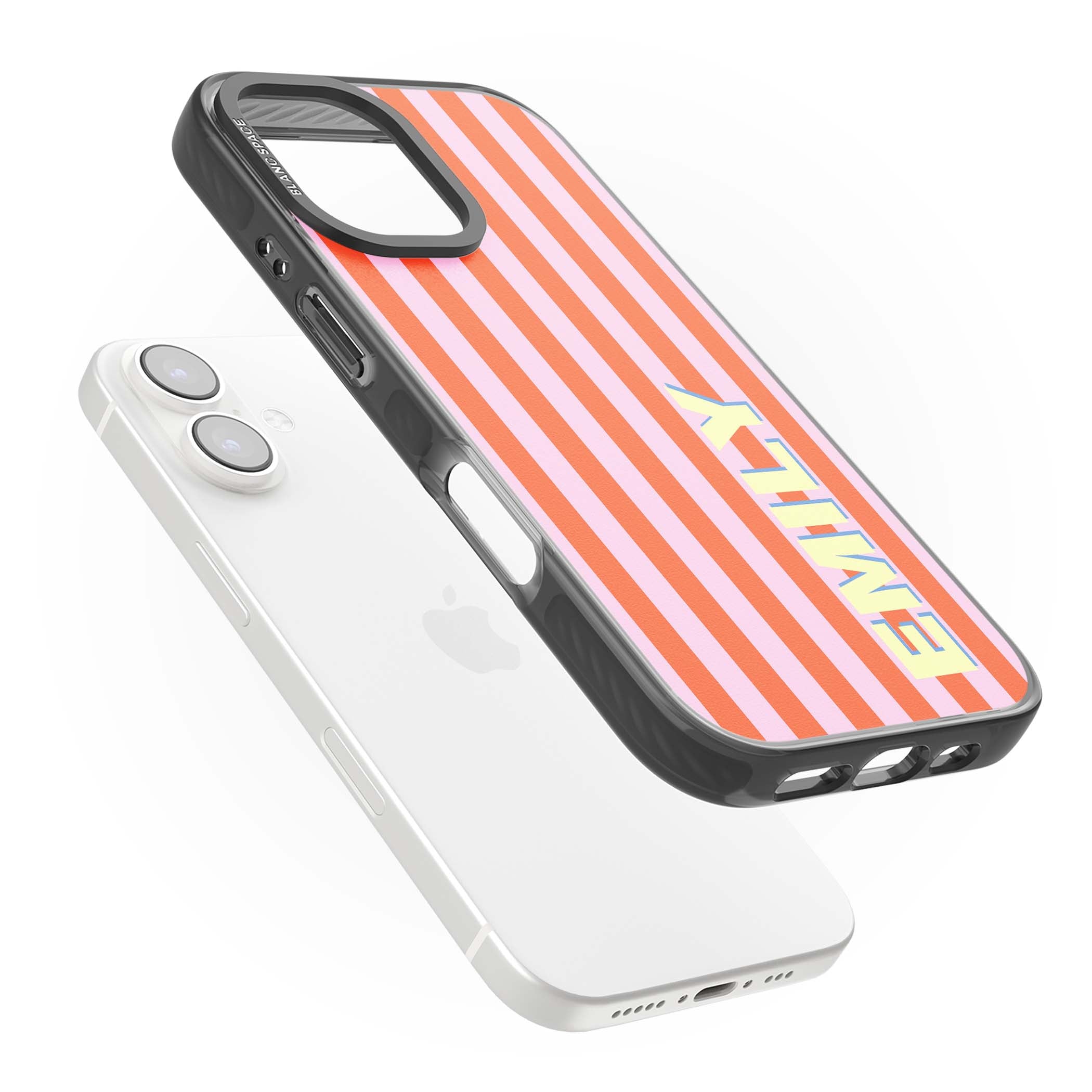 Havana Stripe personalised iPhone case featuring pink and orange vertical stripes with a custom yellow name | Black Impact case for iPhone 16, iPhone 16 Plus