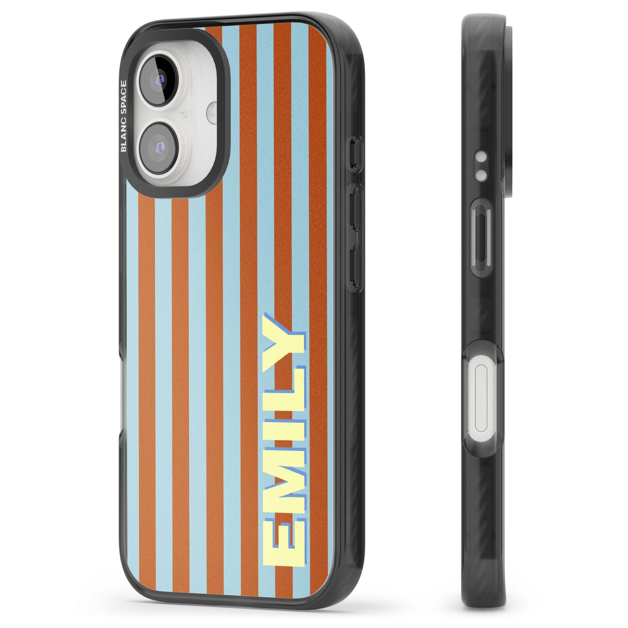 Cappadocia Stripe personalised coastal iPhone case featuring blue and orange vertical stripes with custom cream name | Black Impact case for iPhone 16, iPhone 16 Plus