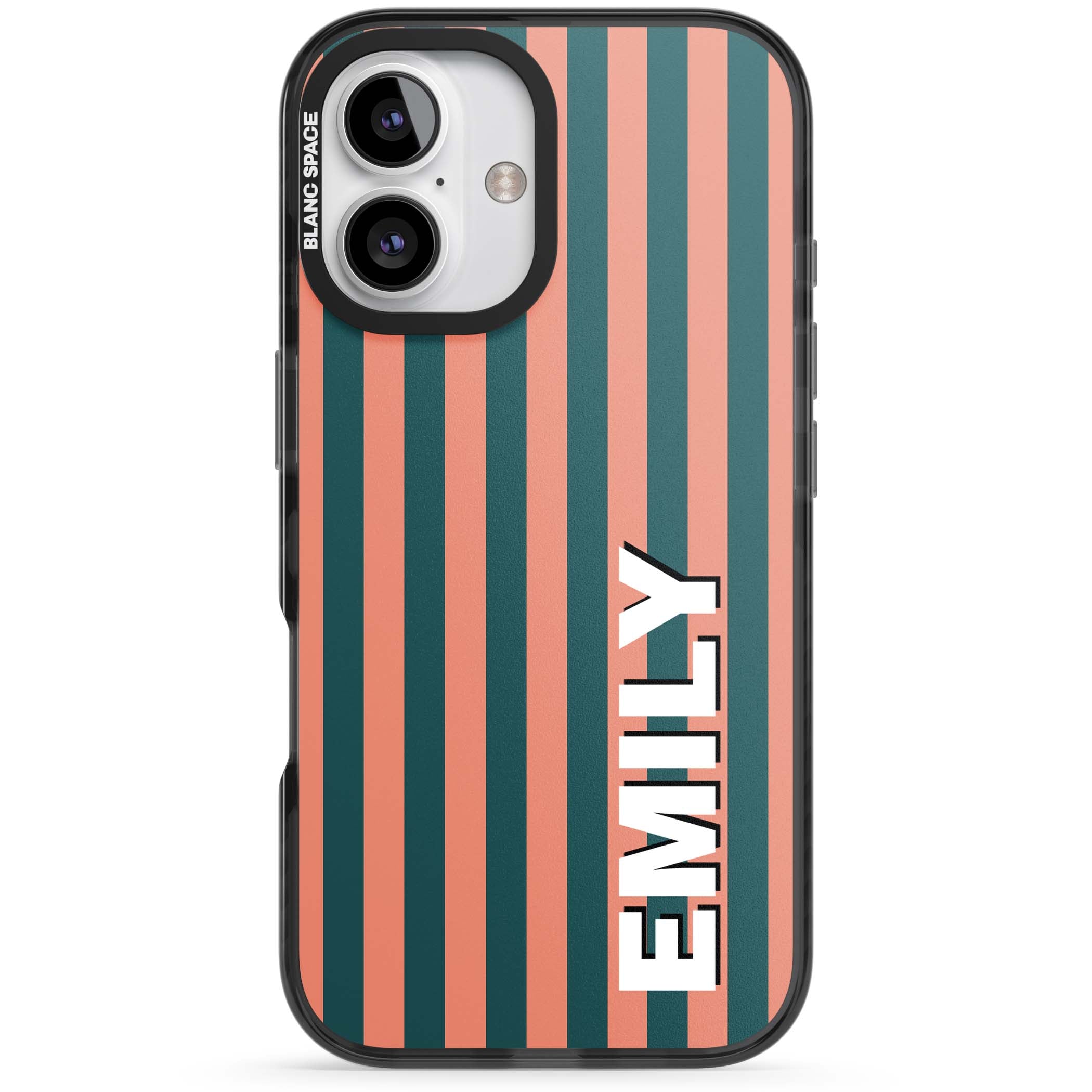 Tuscan Stripe personalised iPhone case featuring coral and green vertical stripes with bold custom name | Black Impact case for iPhone 16, iPhone 16 Plus