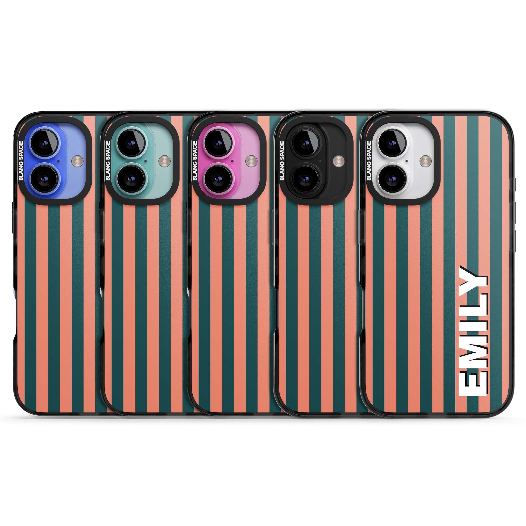 Tuscan Stripe personalised iPhone case featuring coral and green vertical stripes with bold custom name | Black Impact case for iPhone 16, iPhone 16 Plus