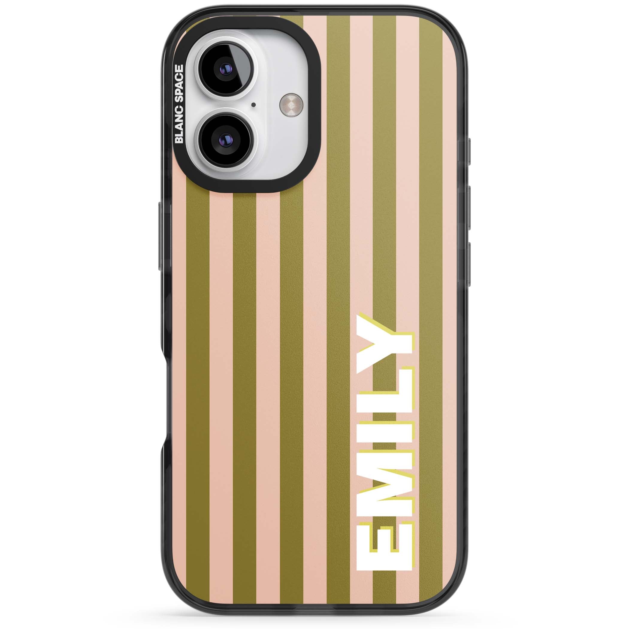 Indian Stripe personalised iPhone case featuring olive green and blush pink vertical stripes with custom name in whit | Black Impact case for iPhone 16, iPhone 16 Plus
