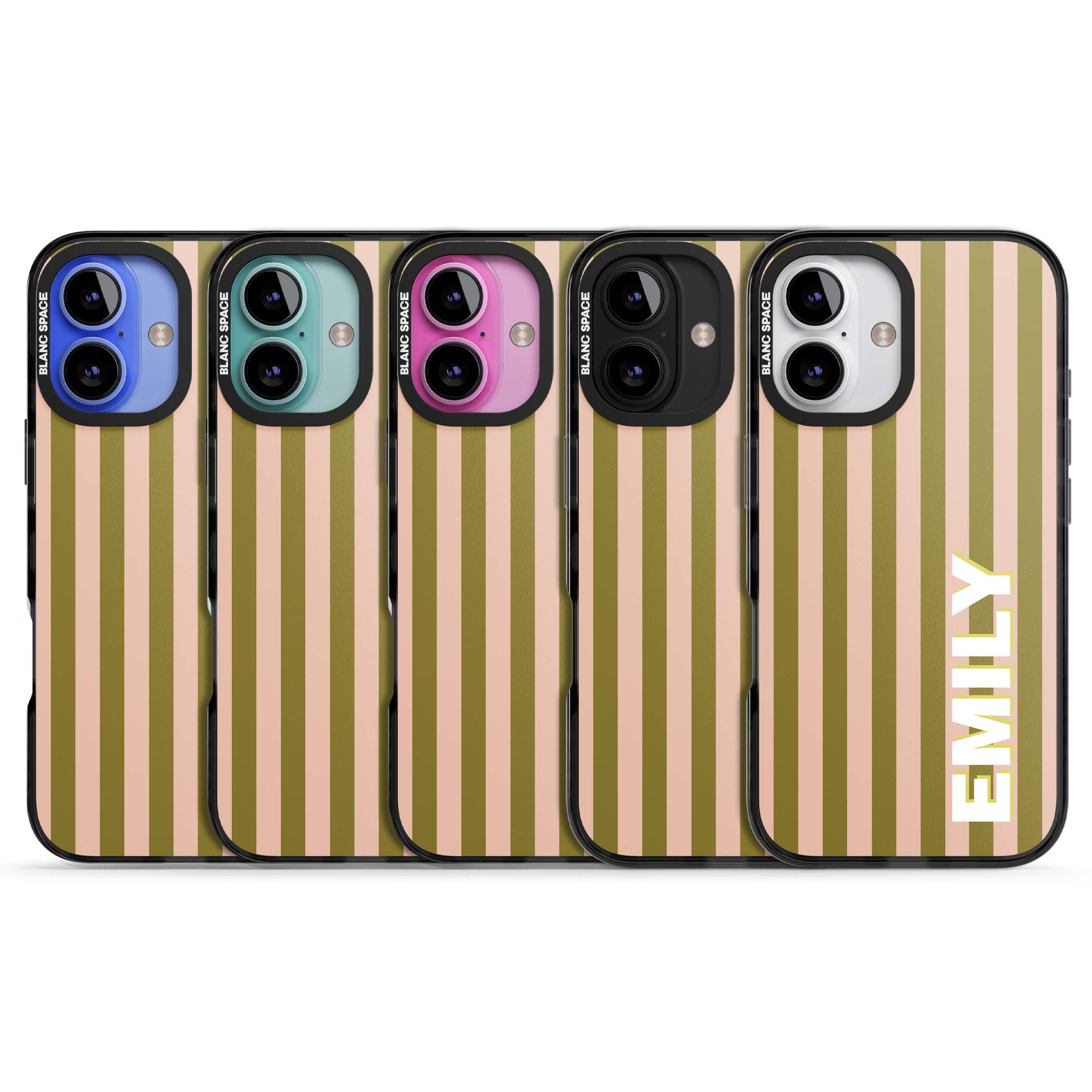 Indian Stripe personalised iPhone case featuring olive green and blush pink vertical stripes with custom name in whit | Black Impact case for iPhone 16, iPhone 16 Plus