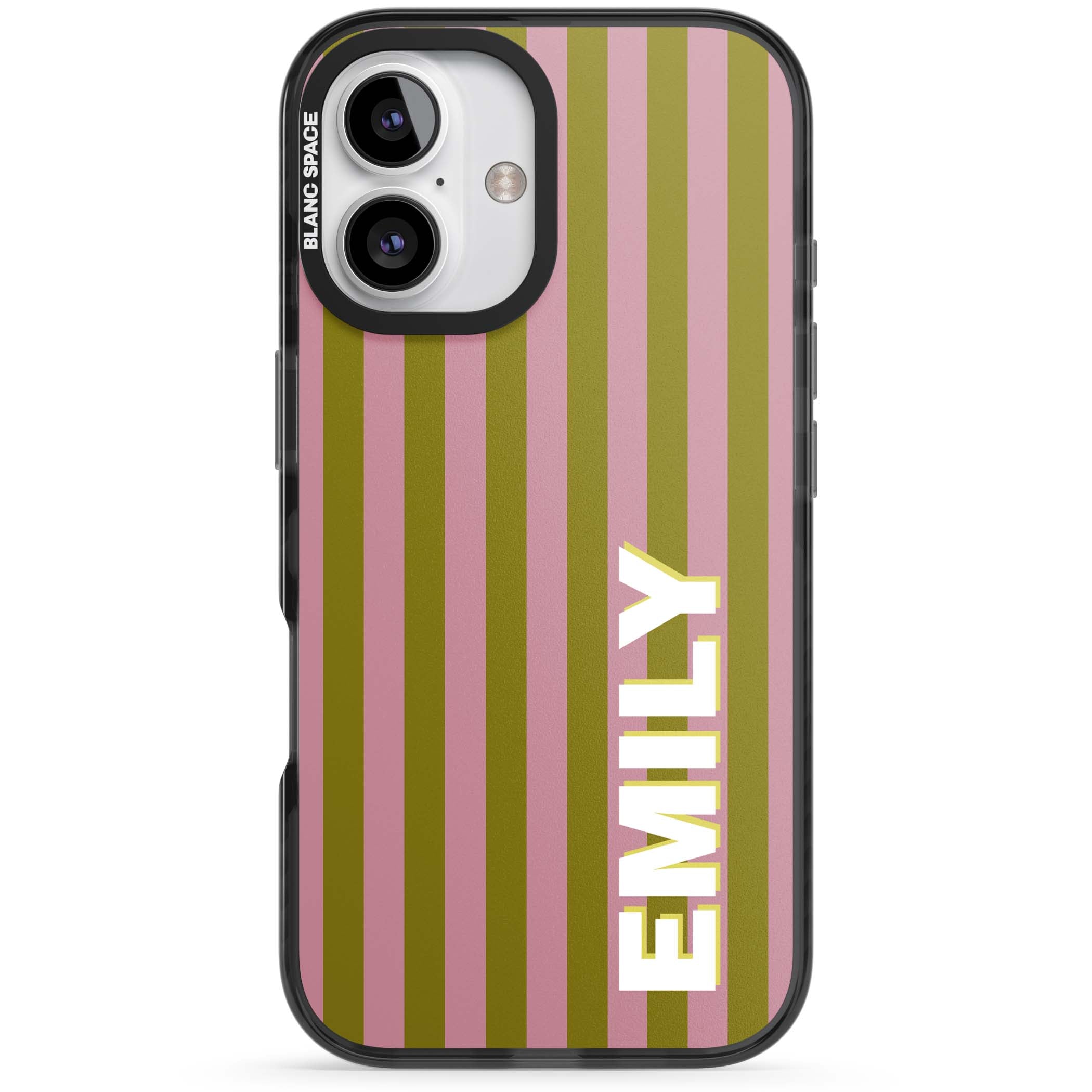 Istanbul Stripe personalised iPhone case featuring pink and olive green vertical stripes with a custom vertical name | Black Impact case for iPhone 16, iPhone 16 Plus