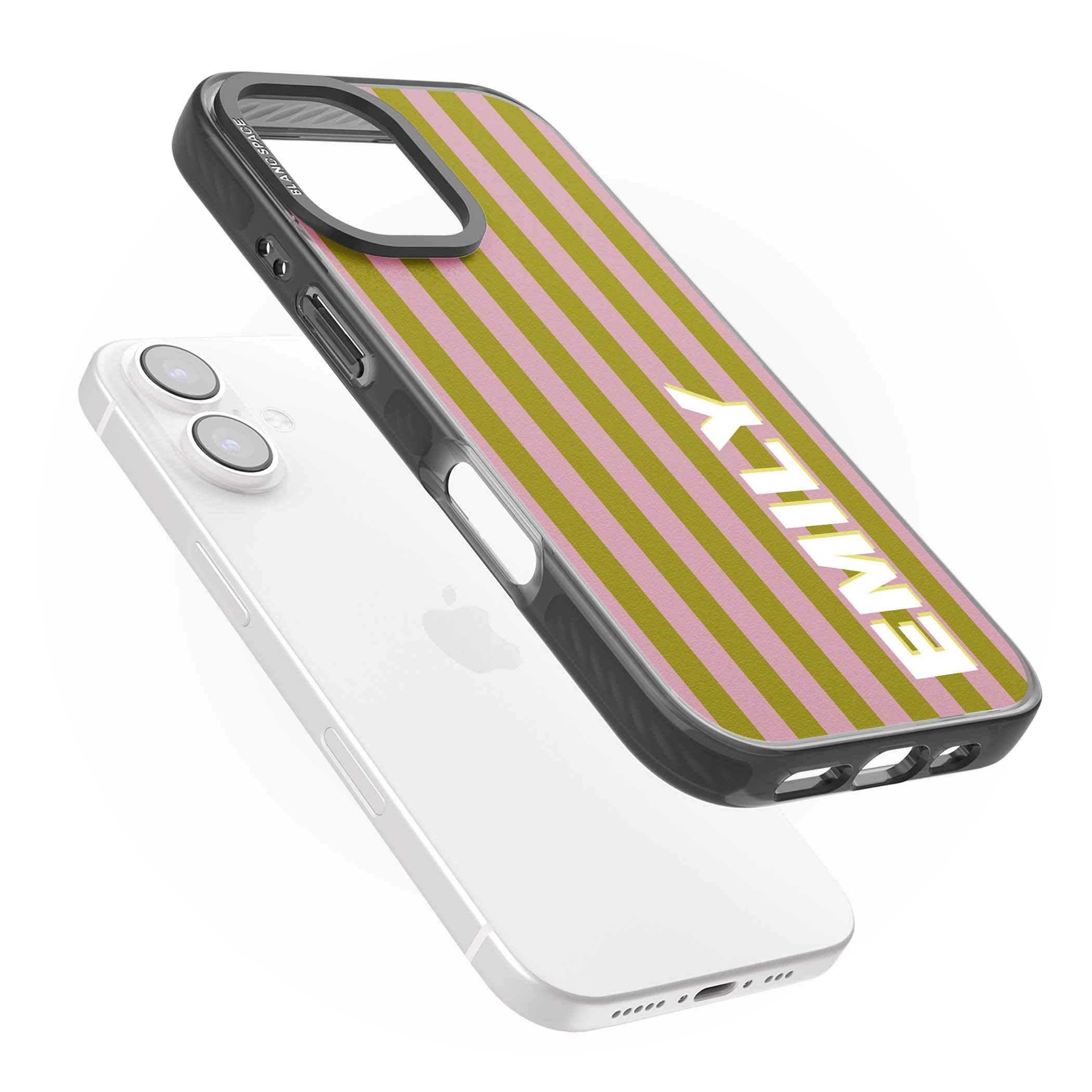 Istanbul Stripe personalised iPhone case featuring pink and olive green vertical stripes with a custom vertical name | Black Impact case for iPhone 16, iPhone 16 Plus