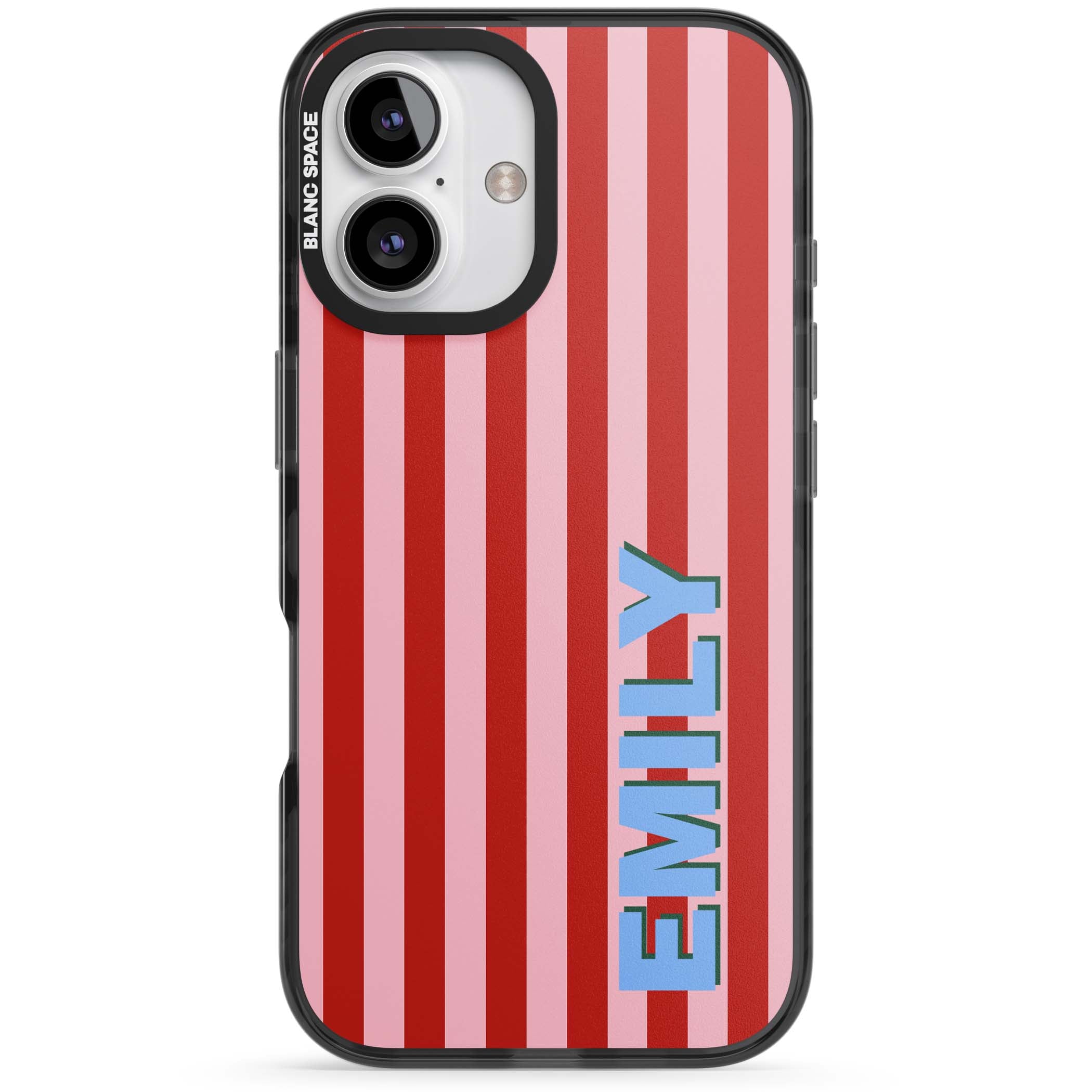 Market Stripe personalised iPhone case with red and pink vertical stripes and custom blue name | Black Impact case for iPhone 16, iPhone 16 Plus