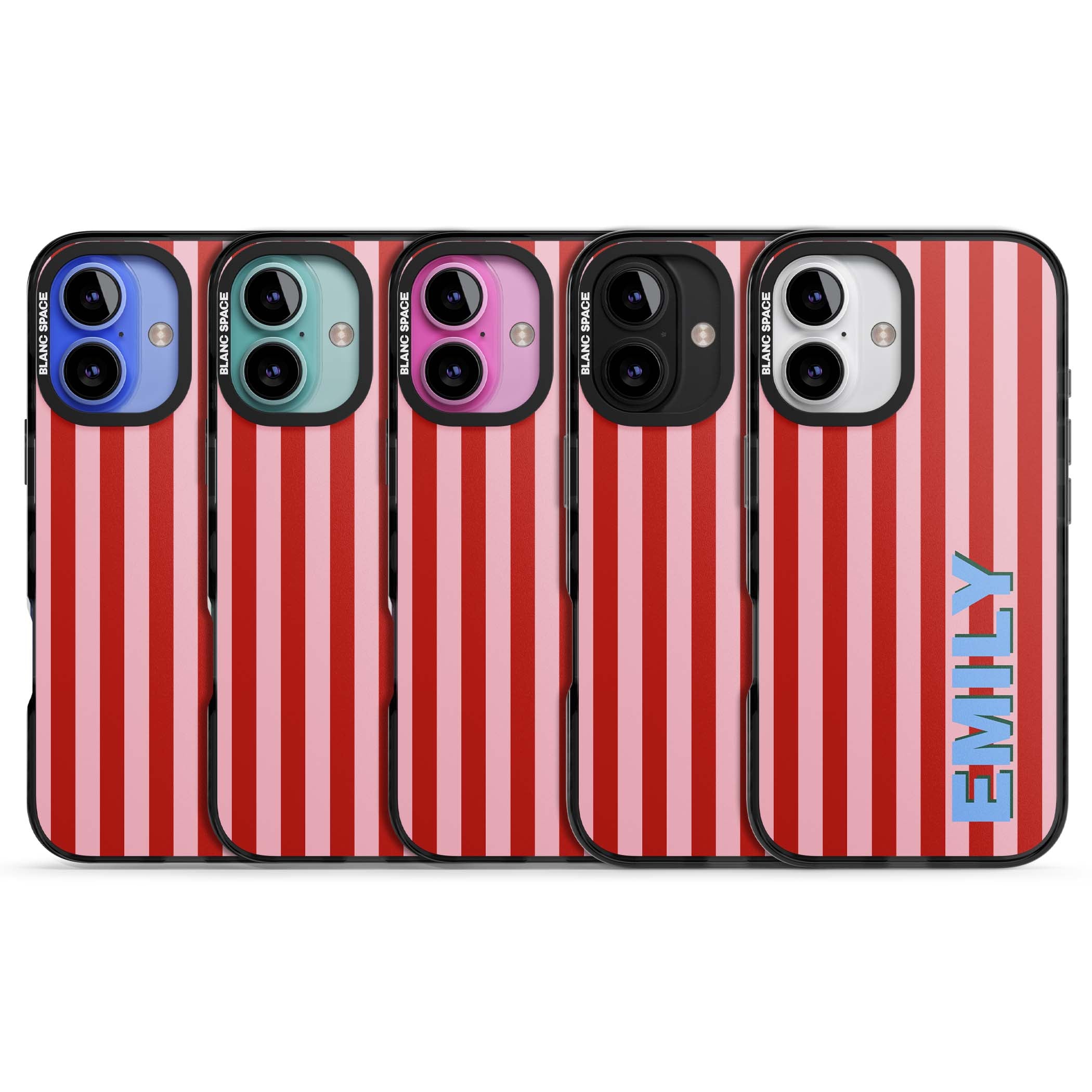 Market Stripe personalised iPhone case with red and pink vertical stripes and custom blue name | Black Impact case for iPhone 16, iPhone 16 Plus