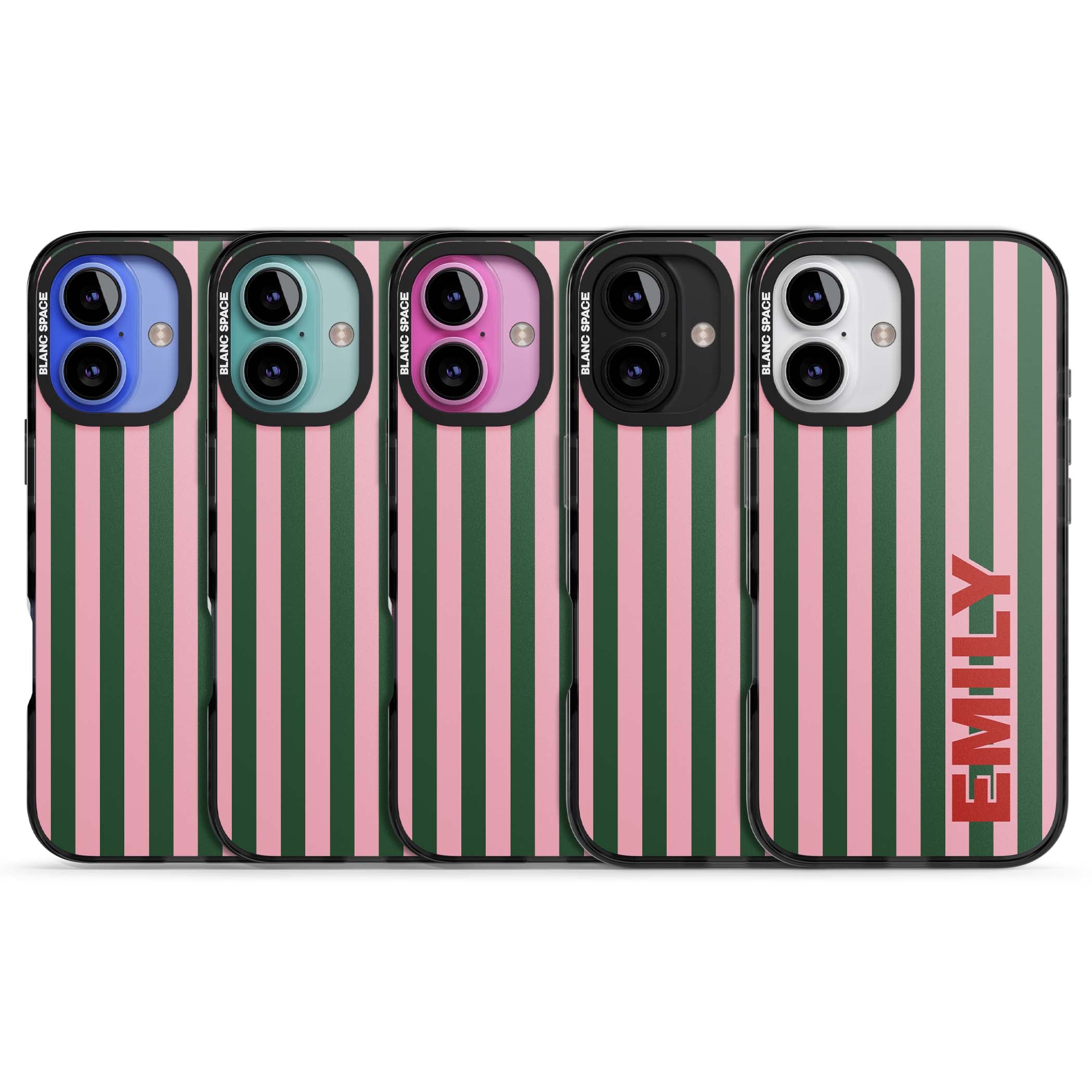 Italian Stripe preppy iPhone case featuring pink and green vertical stripes with personalised red name | Black Impact case for iPhone 16, iPhone 16 Plus