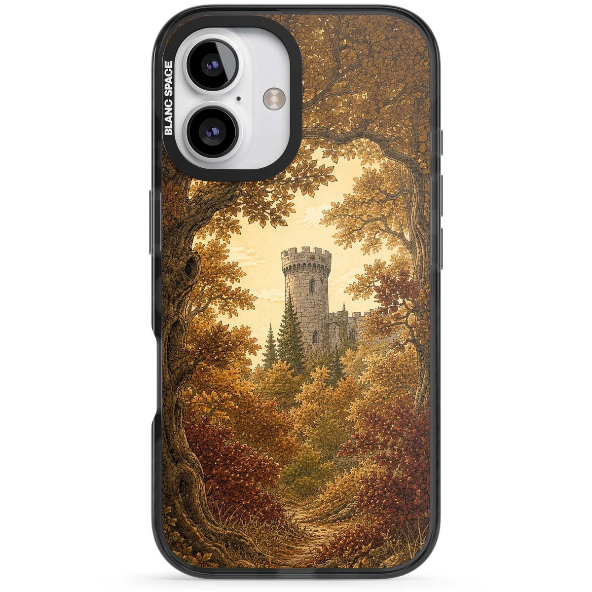 Autumn Keep cottagecore iPhone case featuring a medieval castle tower framed by golden autumn trees and woodland foliage | Black Impact case for iPhone 16, iPhone 16 Plus