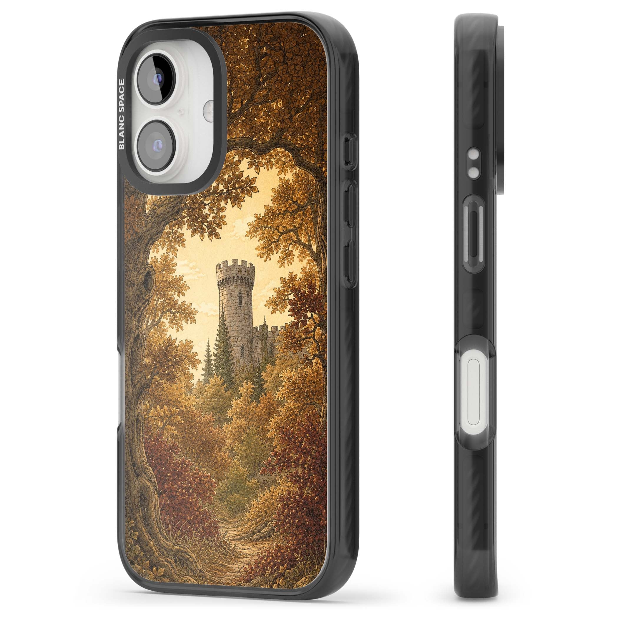 Autumn Keep cottagecore iPhone case featuring a medieval castle tower framed by golden autumn trees and woodland foliage | Black Impact case for iPhone 16, iPhone 16 Plus