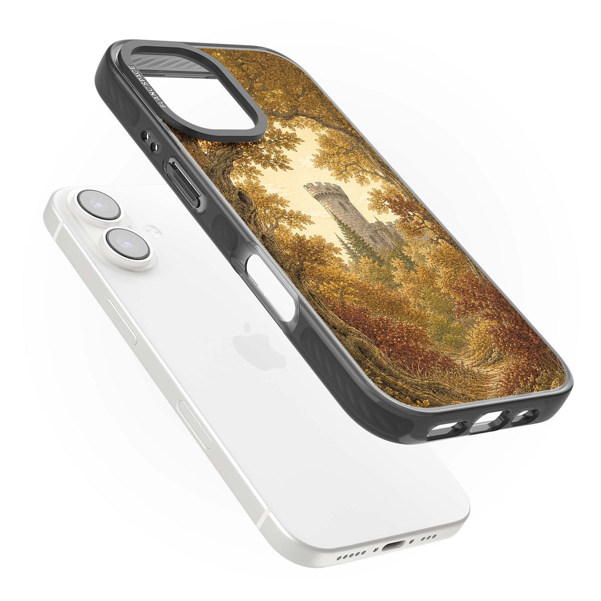 Autumn Keep cottagecore iPhone case featuring a medieval castle tower framed by golden autumn trees and woodland foliage | Black Impact case for iPhone 16, iPhone 16 Plus
