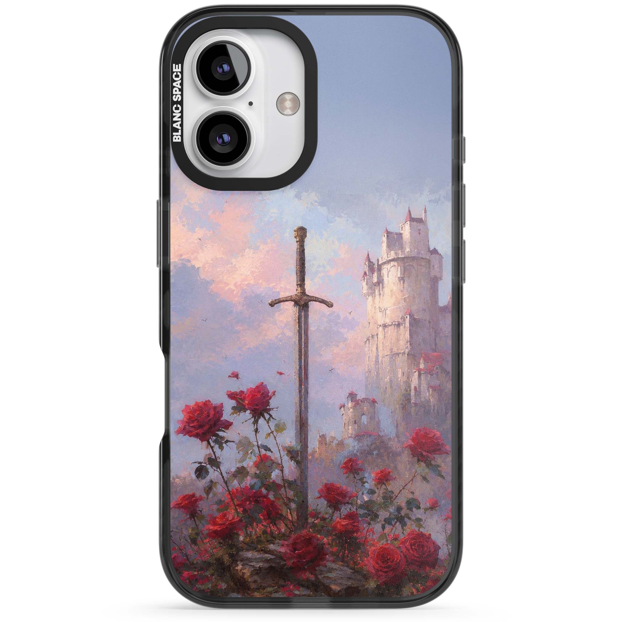 Sword in Roses medieval art iPhone case featuring a sword, red roses, and a misty fairytale castle at sunset | Black Impact case for iPhone 16, iPhone 16 Plus