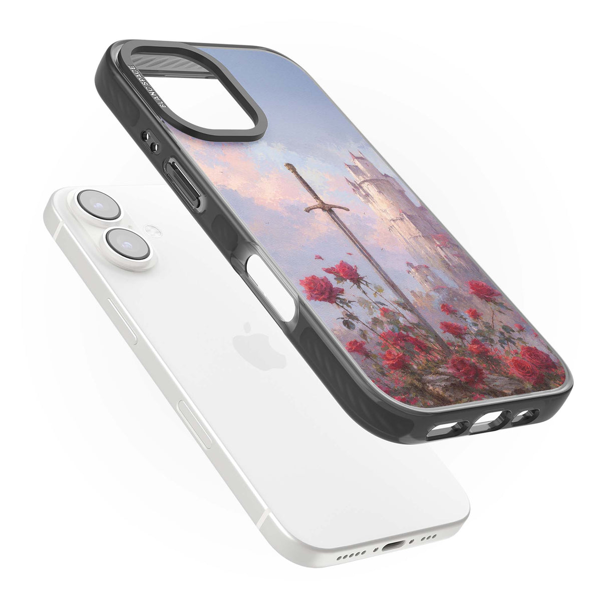 Sword in Roses medieval art iPhone case featuring a sword, red roses, and a misty fairytale castle at sunset | Black Impact case for iPhone 16, iPhone 16 Plus