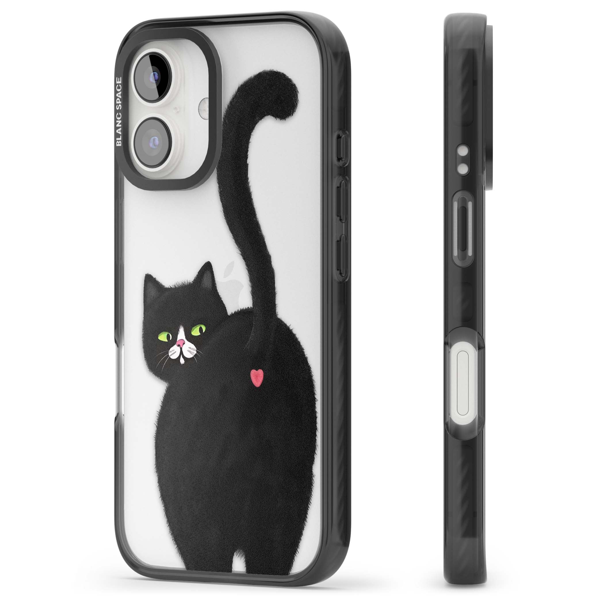 The Cat's Kiss cute cat iPhone case featuring a hand-painted tuxedo kitty with green eyes and a pink heart on a clear  | Black Impact case for iPhone 16, iPhone 16 Plus