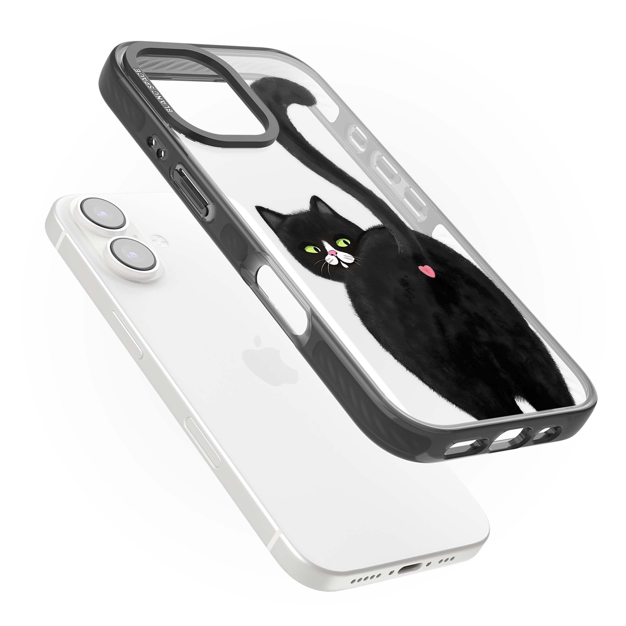 The Cat's Kiss cute cat iPhone case featuring a hand-painted tuxedo kitty with green eyes and a pink heart on a clear  | Black Impact case for iPhone 16, iPhone 16 Plus