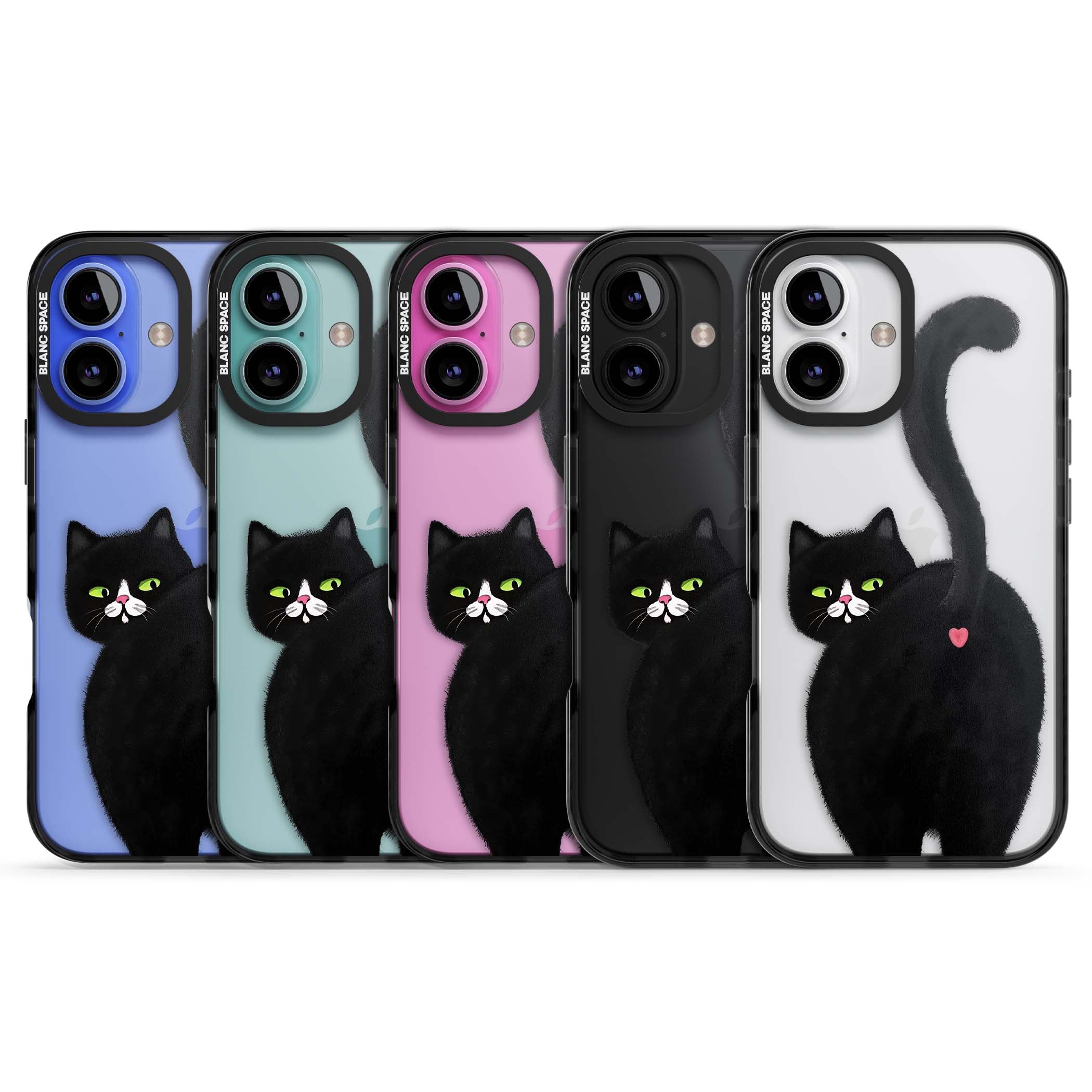 The Cat's Kiss cute cat iPhone case featuring a hand-painted tuxedo kitty with green eyes and a pink heart on a clear  | Black Impact case for iPhone 16, iPhone 16 Plus