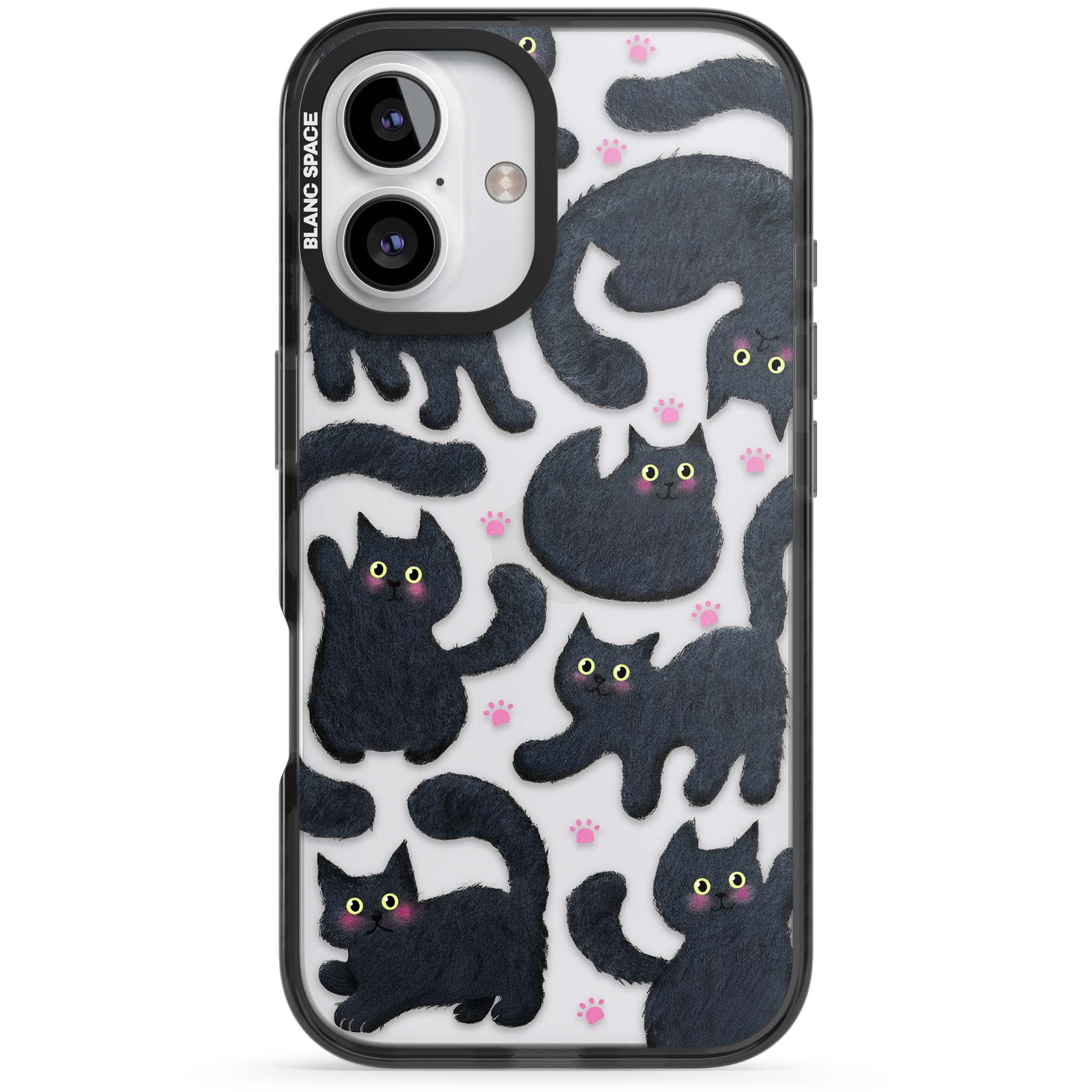 Midnight Cats cute iPhone case featuring black cat pattern with yellow eyes and pink paw prints | Black Impact case for iPhone 16, iPhone 16 Plus