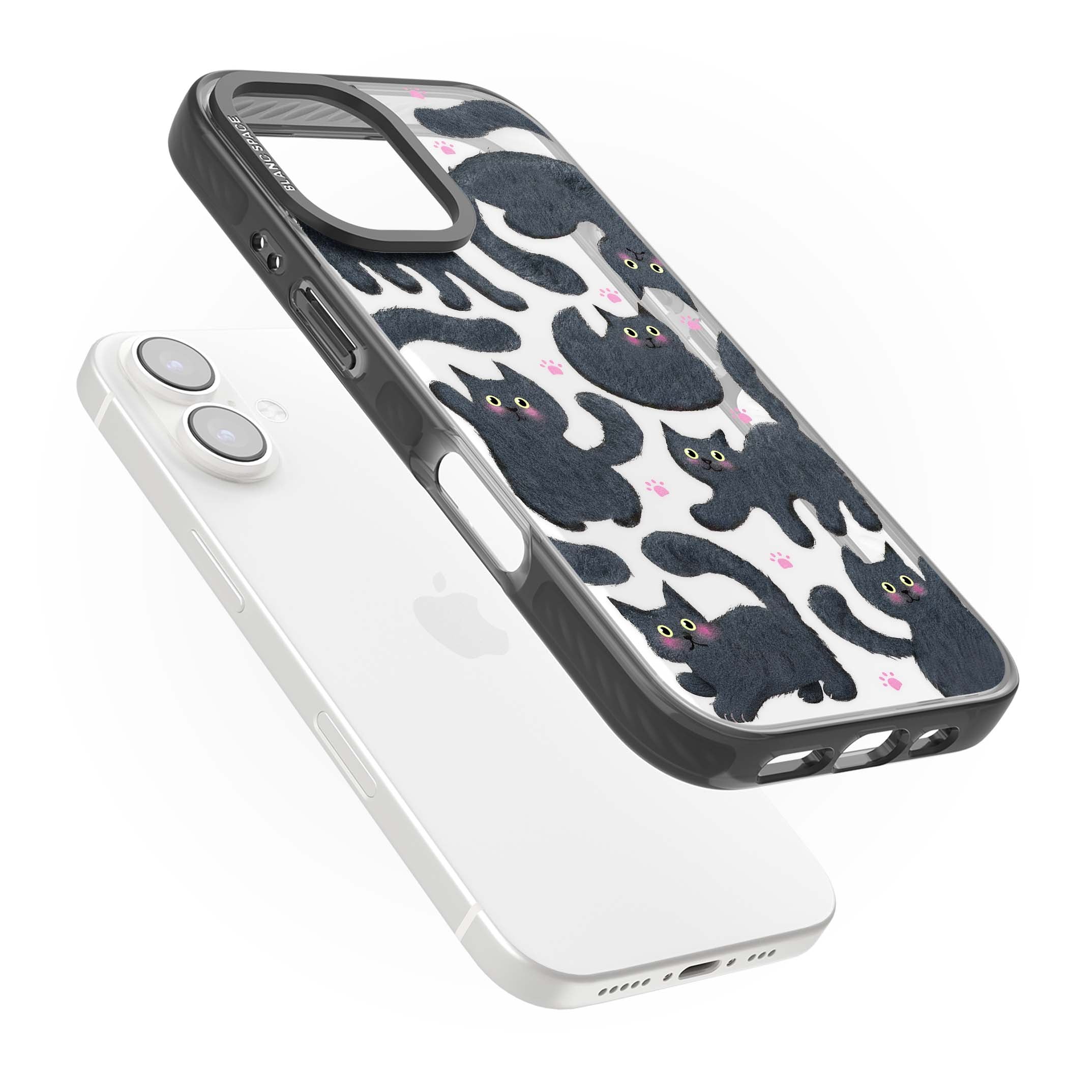Midnight Cats cute iPhone case featuring black cat pattern with yellow eyes and pink paw prints | Black Impact case for iPhone 16, iPhone 16 Plus