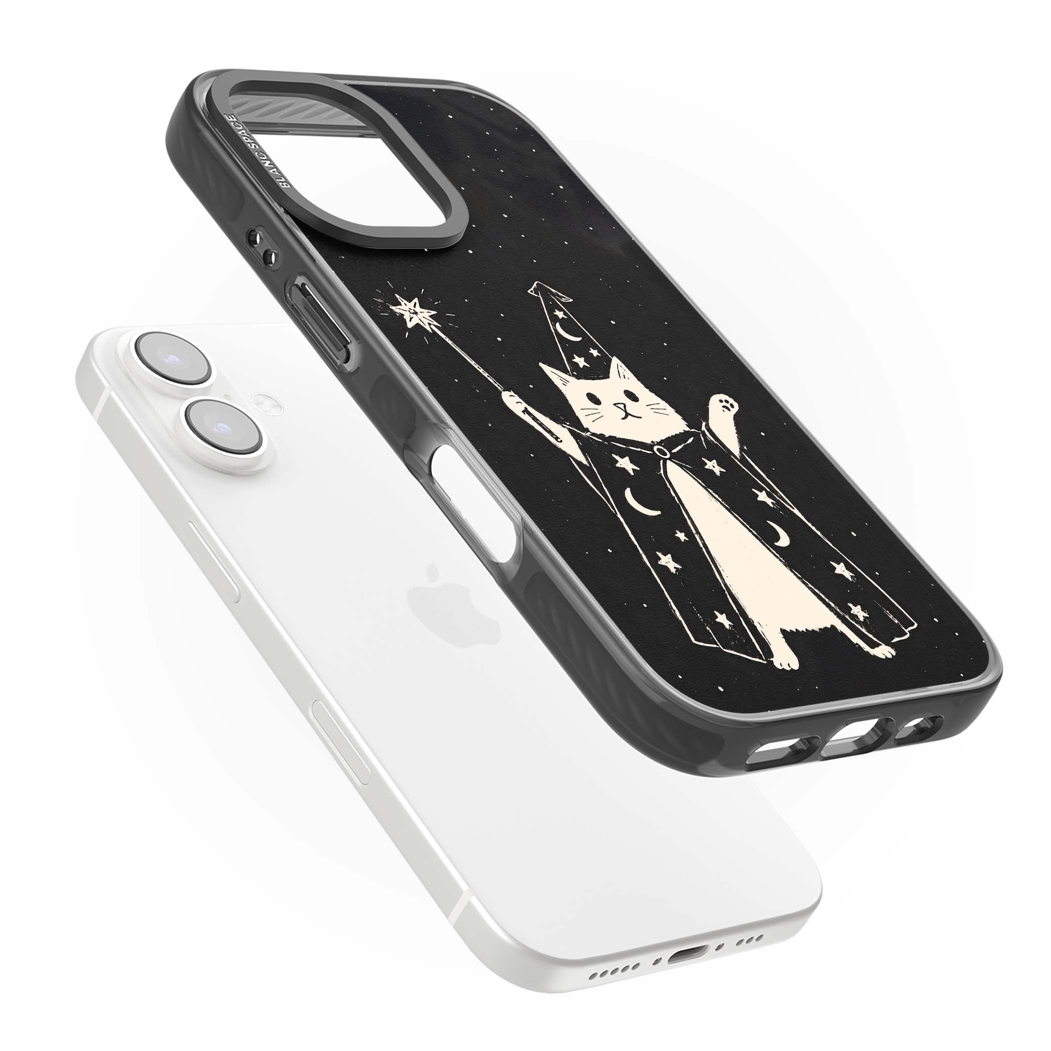 Whisker Wizard celestial cat iPhone case featuring a wizard cat with magic wand, starry night sky and crescent moons | Black Impact case for iPhone 16, iPhone 16 Plus
