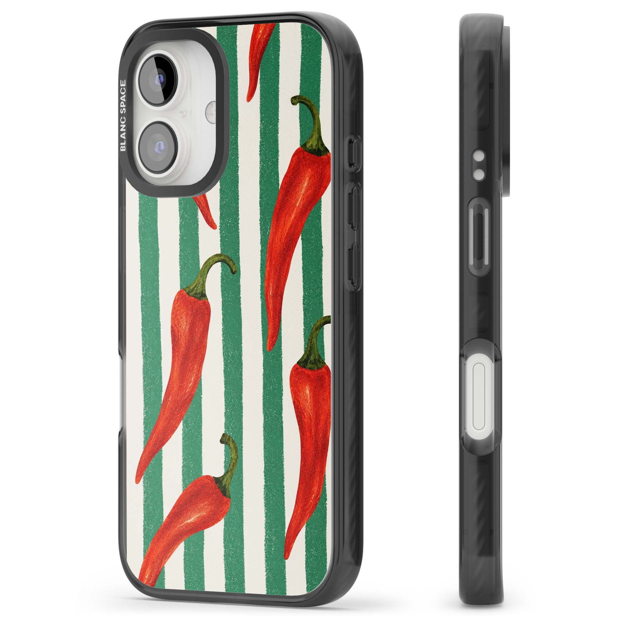 Striped Chillis coastal iPhone case featuring hand-painted red chili peppers on green and cream stripes | Black Impact case for iPhone 16, iPhone 16 Plus
