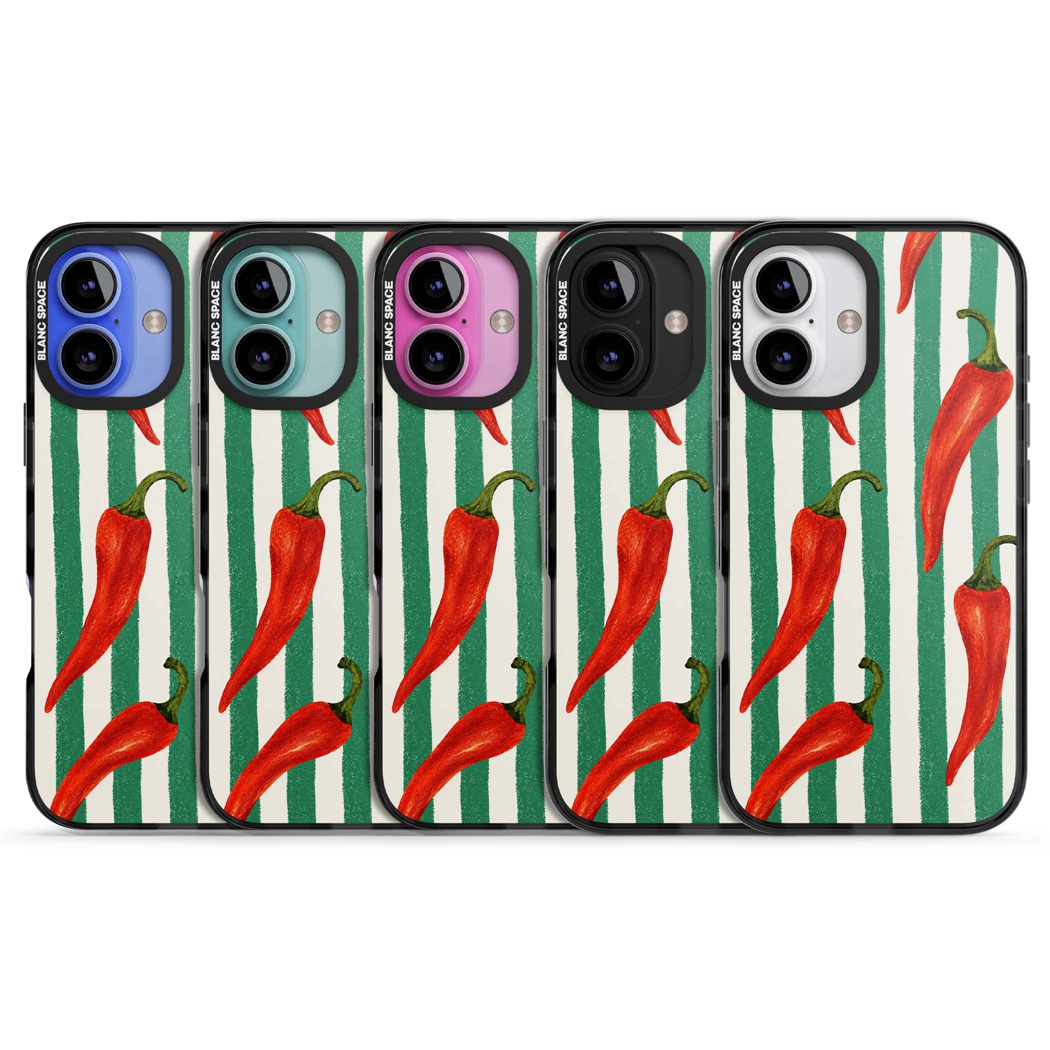 Striped Chillis coastal iPhone case featuring hand-painted red chili peppers on green and cream stripes | Black Impact case for iPhone 16, iPhone 16 Plus