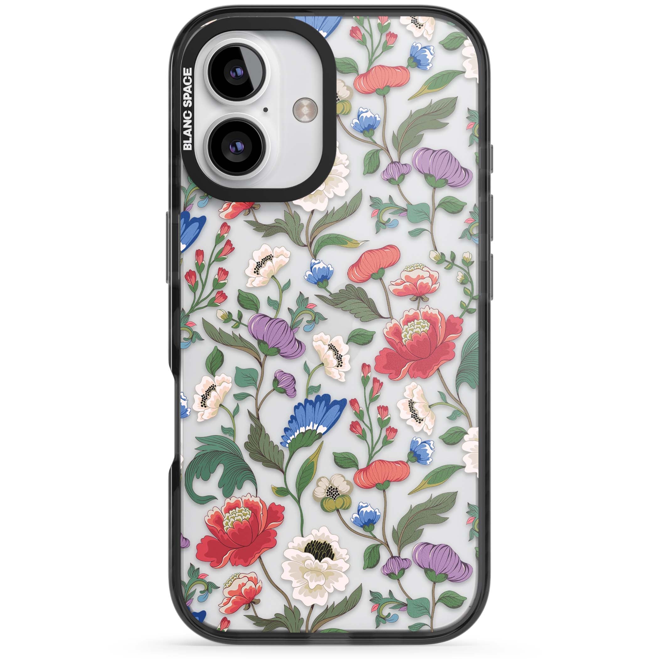 Chinoiserie Bloom vintage floral iPhone case featuring hand-painted peonies, poppies and trailing wildflowers on clear... | Black Impact case for iPhone 16, iPhone 16 Plus