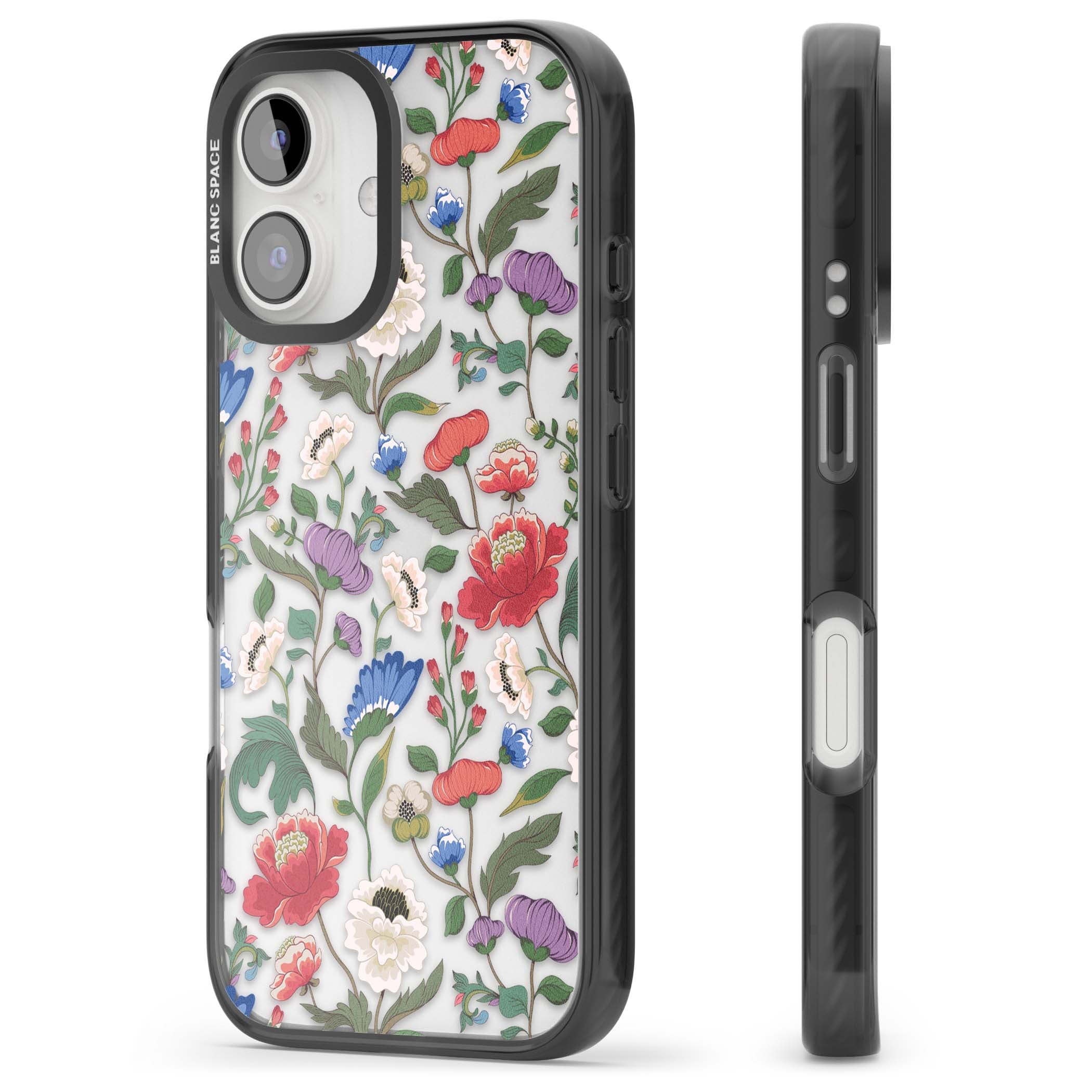 Chinoiserie Bloom vintage floral iPhone case featuring hand-painted peonies, poppies and trailing wildflowers on clear... | Black Impact case for iPhone 16, iPhone 16 Plus