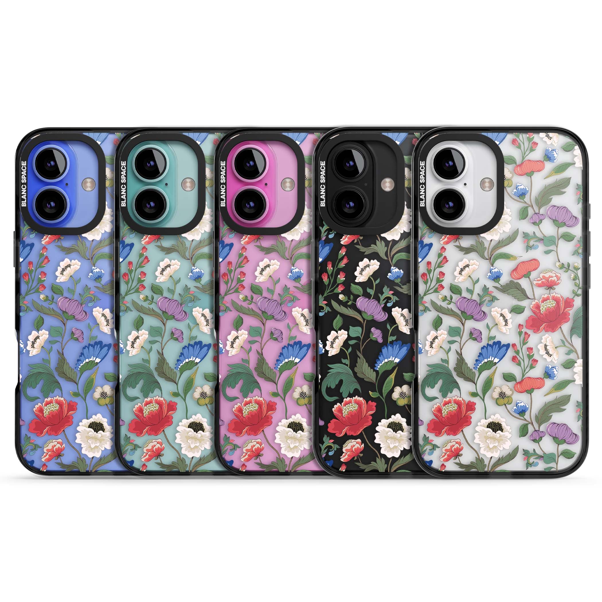 Chinoiserie Bloom vintage floral iPhone case featuring hand-painted peonies, poppies and trailing wildflowers on clear... | Black Impact case for iPhone 16, iPhone 16 Plus