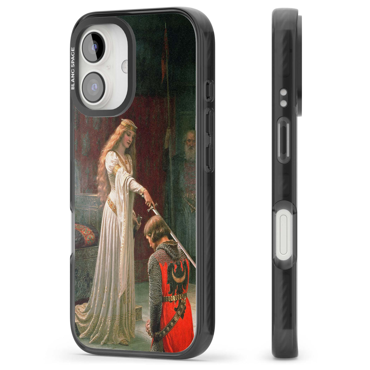 The Accolade renaissance art iPhone case featuring Edmund Blair Leighton's painting of a queen knighting a kneeling knight | Black Impact case for iPhone 16, iPhone 16 Plus