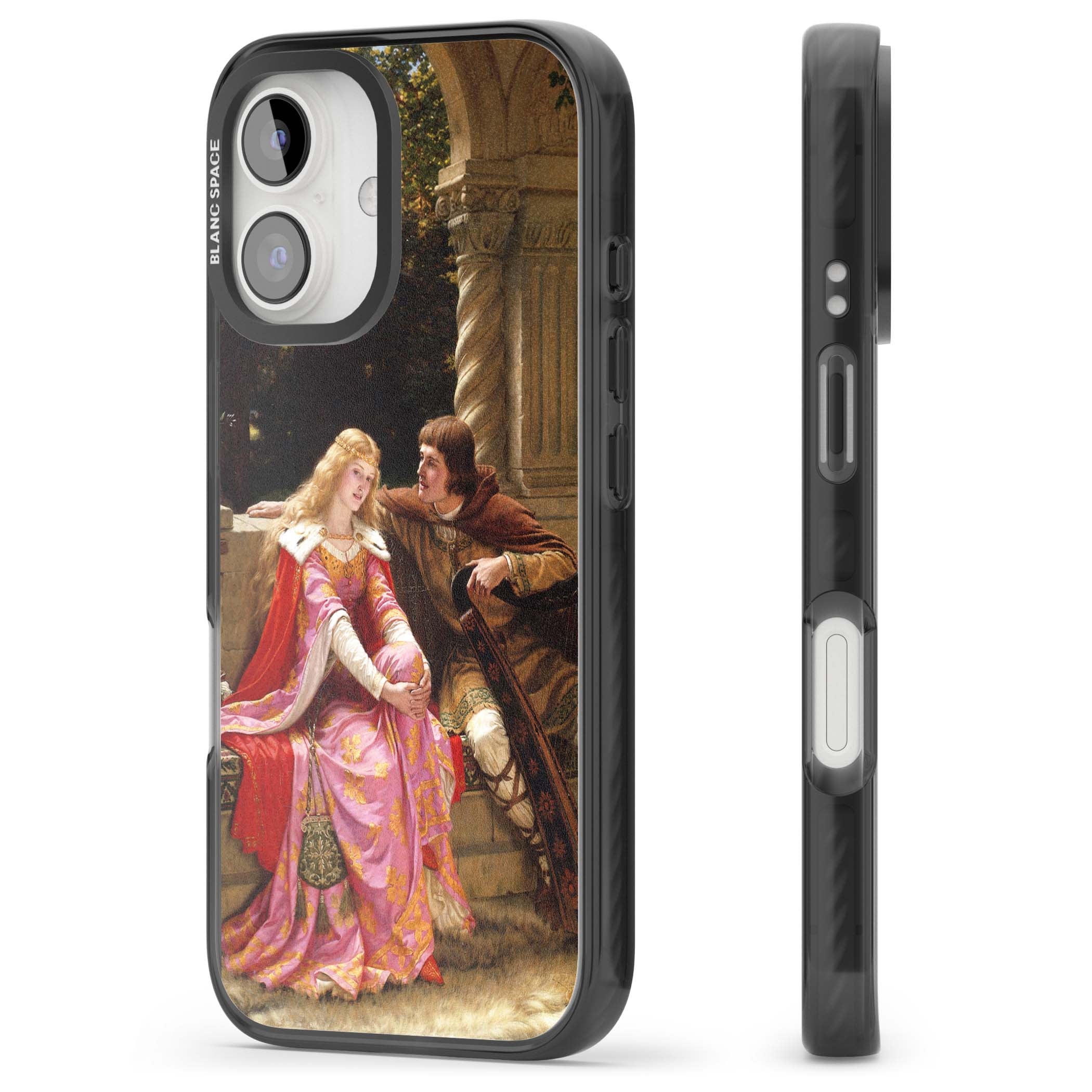 The End of the Song classic art iPhone case featuring a medieval lady in pink gown and her knight in a stone archway | Black Impact case for iPhone 16, iPhone 16 Plus