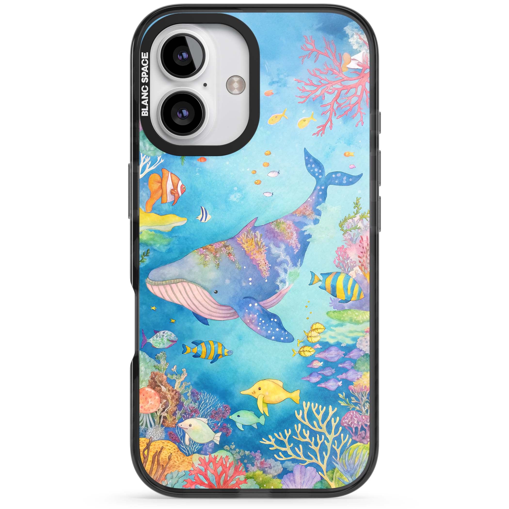 Coral Lagoon ocean iPhone case featuring a watercolour whale, coral reef and tropical fish | Black Impact case for iPhone 16, iPhone 16 Plus