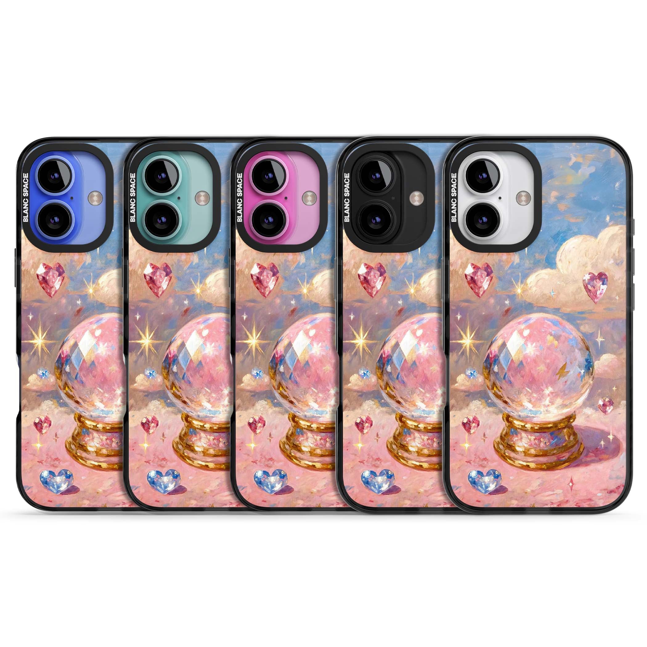 Crystal Ball fairycore iPhone case featuring a painted crystal ball, heart gemstones, and pastel clouds | Black Impact case for iPhone 16, iPhone 16 Plus