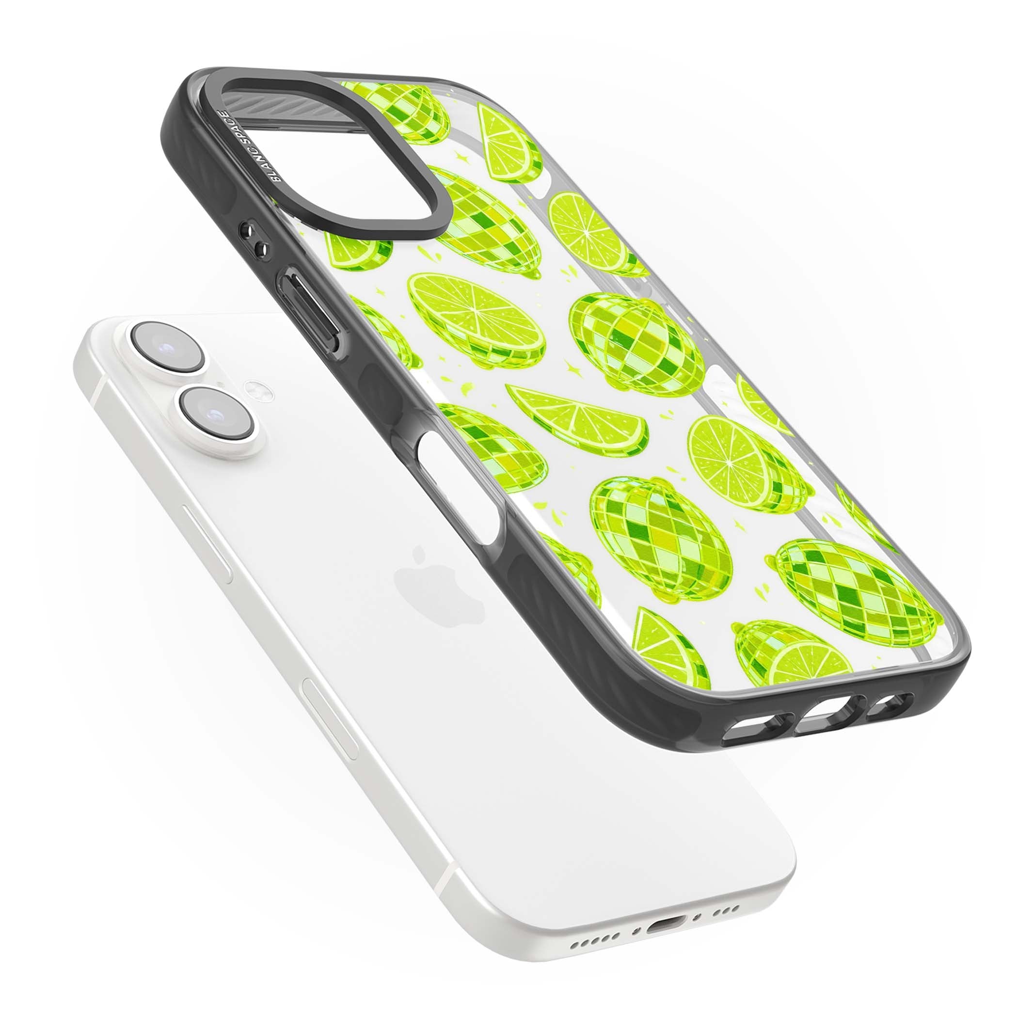 Disco Limes fruit aesthetic iPhone case featuring green disco balls, lime slices and citrus sparkles | Black Impact case for iPhone 16, iPhone 16 Plus