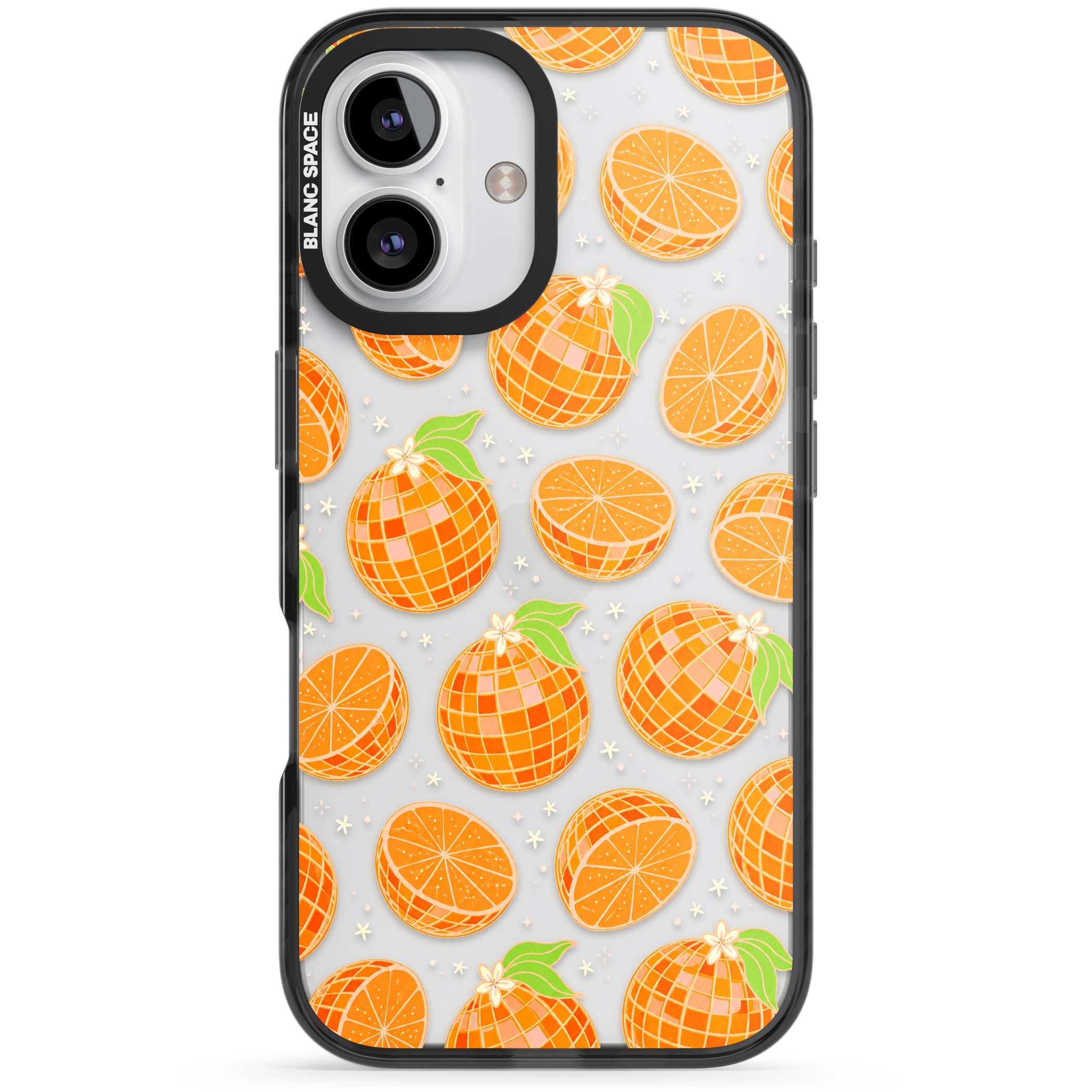Disco Oranges retro iPhone case featuring mirrorball oranges, citrus slices and tiny blossoms on clear | Black Impact case for iPhone 16, iPhone 16 Plus