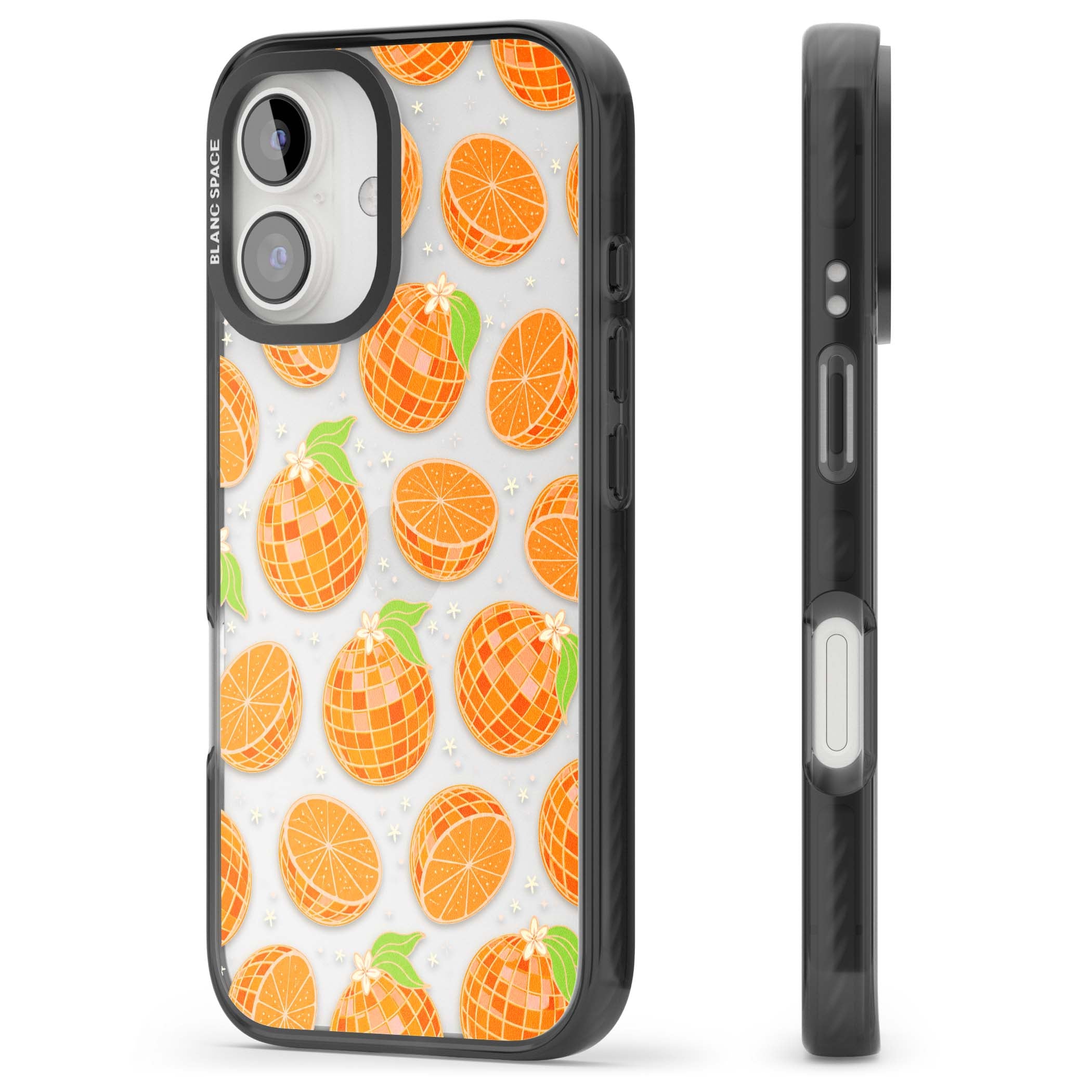 Disco Oranges retro iPhone case featuring mirrorball oranges, citrus slices and tiny blossoms on clear | Black Impact case for iPhone 16, iPhone 16 Plus