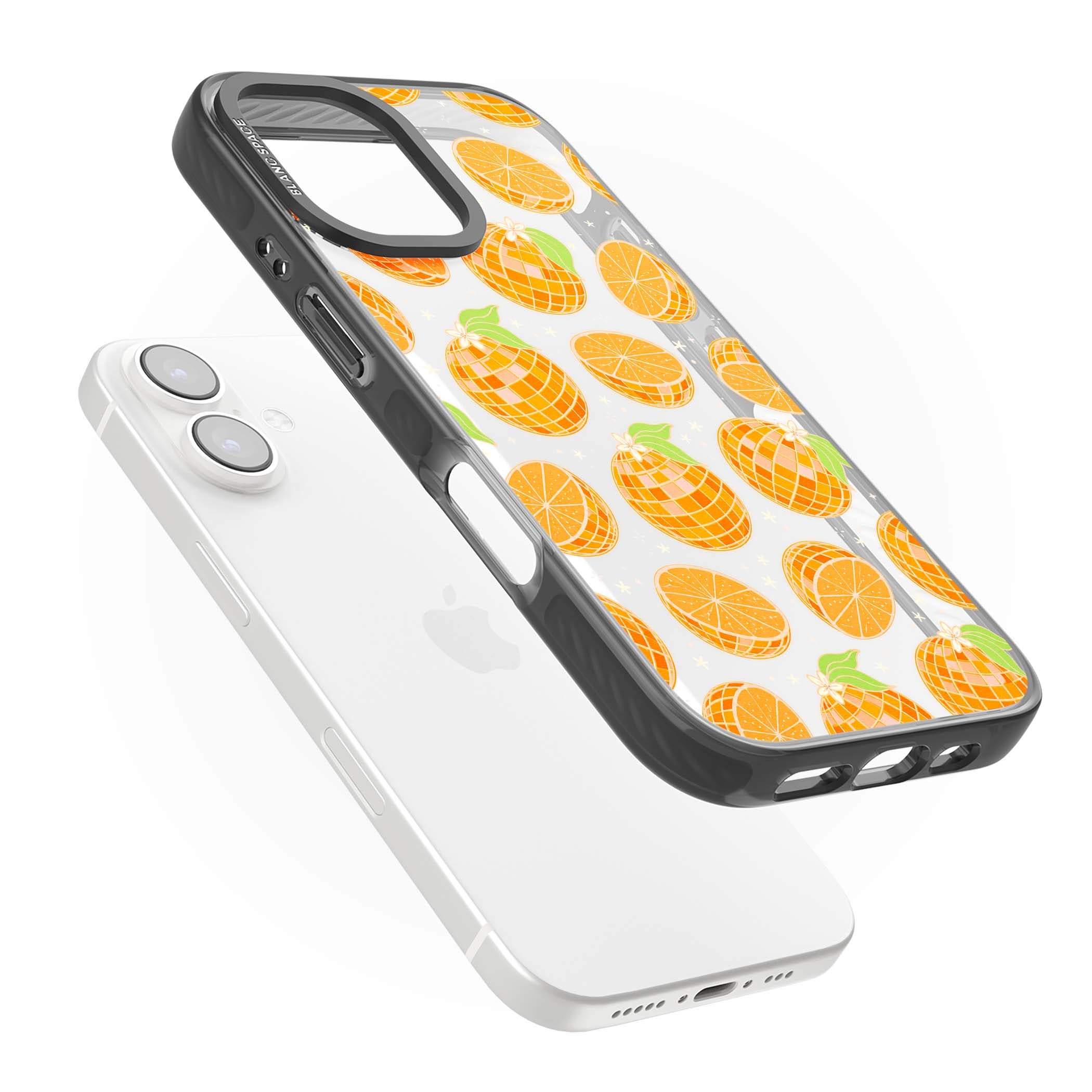 Disco Oranges retro iPhone case featuring mirrorball oranges, citrus slices and tiny blossoms on clear | Black Impact case for iPhone 16, iPhone 16 Plus